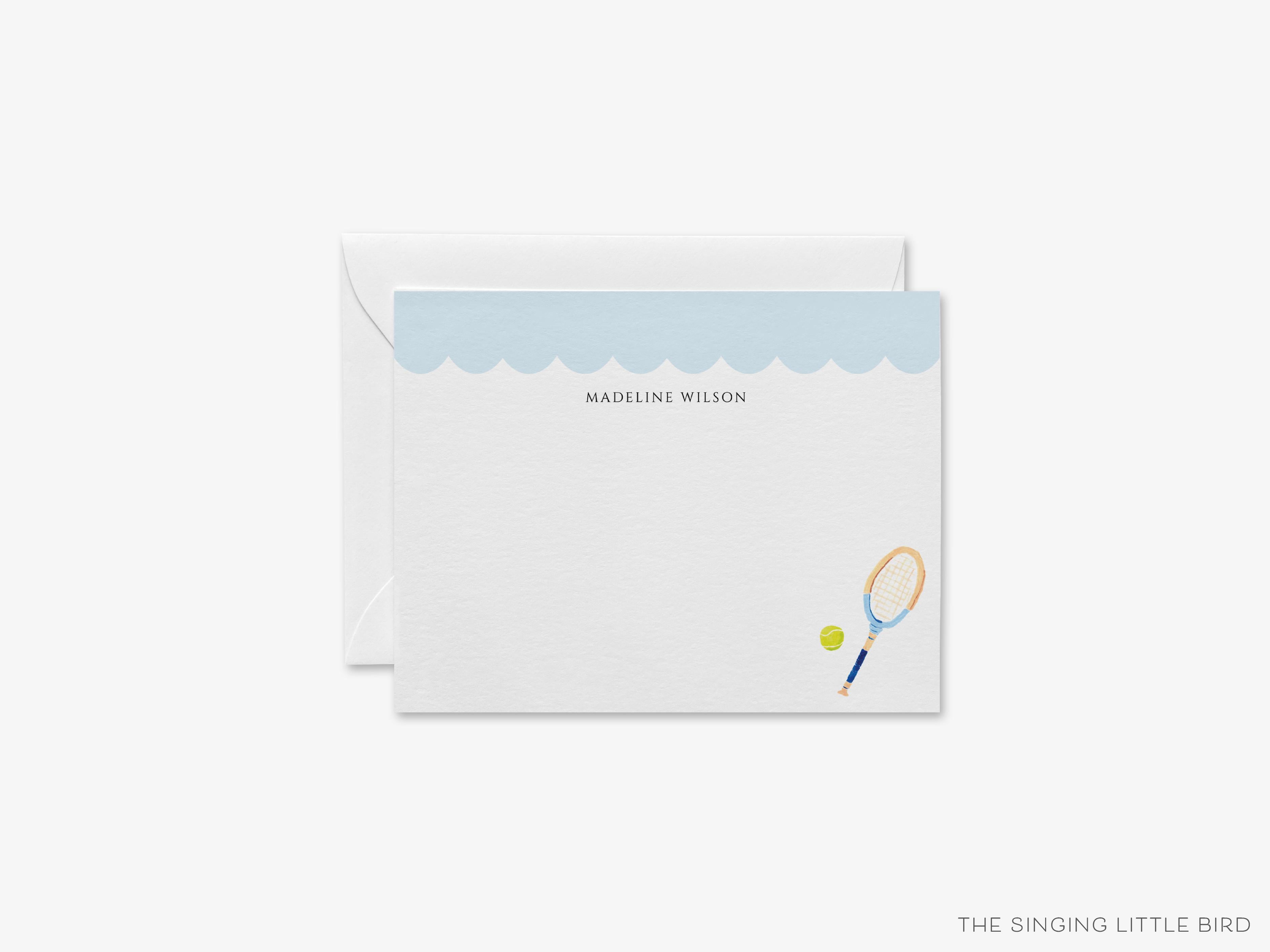 Personalized Scalloped Tennis Flat Notes-These personalized flat notecards are 4.25x5.5 and feature our hand-painted watercolor tennis racket, printed in the USA on 120lb textured stock. They come with your choice of envelopes and make great thank yous and gifts for the tennis lover in your life.-The Singing Little Bird