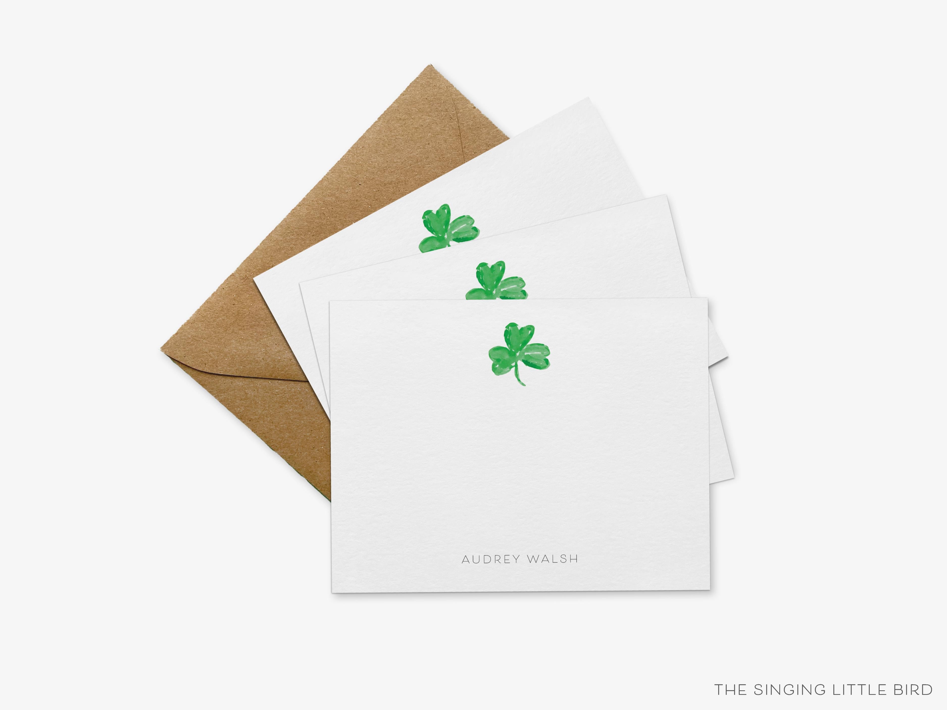 Personalized Shamrock Flat Notes-These personalized flat notecards are 4.25x5.5 and feature our hand-painted watercolor three leaf clover, printed in the USA on 120lb textured stock. They come with your choice of envelopes and make great thank yous and gifts for the shamrock lover in your life.-The Singing Little Bird