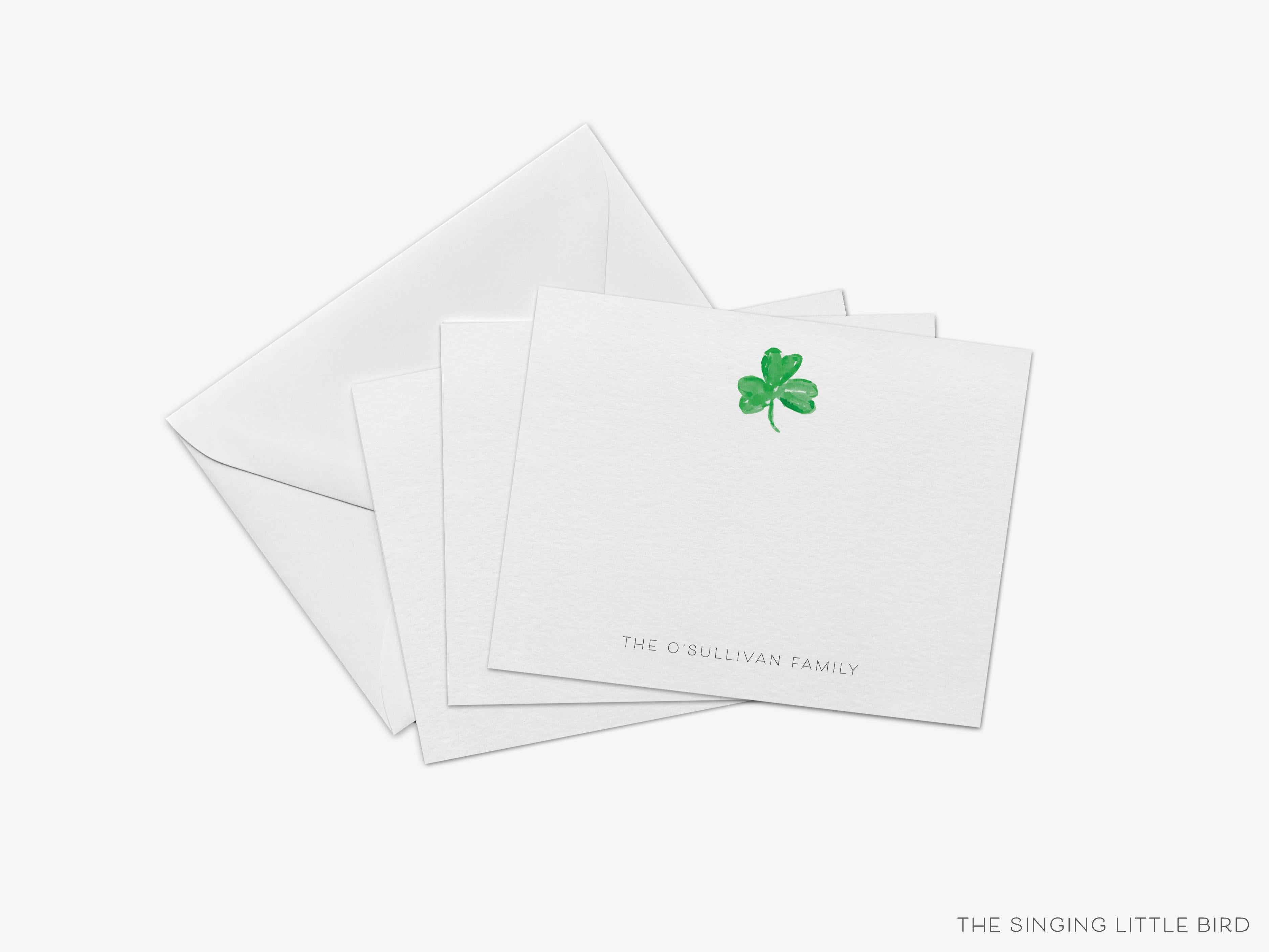 Personalized Shamrock Flat Notes-These personalized flat notecards are 4.25x5.5 and feature our hand-painted watercolor three leaf clover, printed in the USA on 120lb textured stock. They come with your choice of envelopes and make great thank yous and gifts for the shamrock lover in your life.-The Singing Little Bird