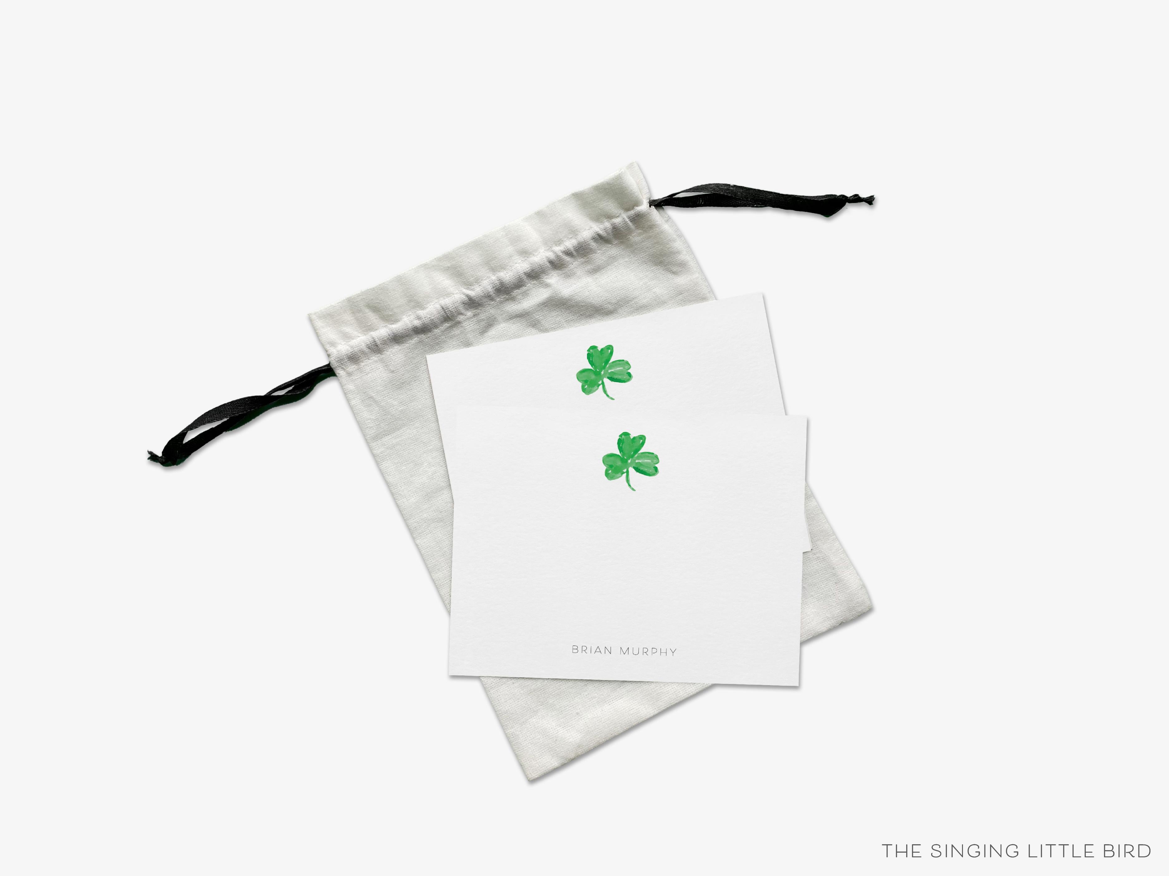 Personalized Shamrock Flat Notes-These personalized flat notecards are 4.25x5.5 and feature our hand-painted watercolor three leaf clover, printed in the USA on 120lb textured stock. They come with your choice of envelopes and make great thank yous and gifts for the shamrock lover in your life.-The Singing Little Bird