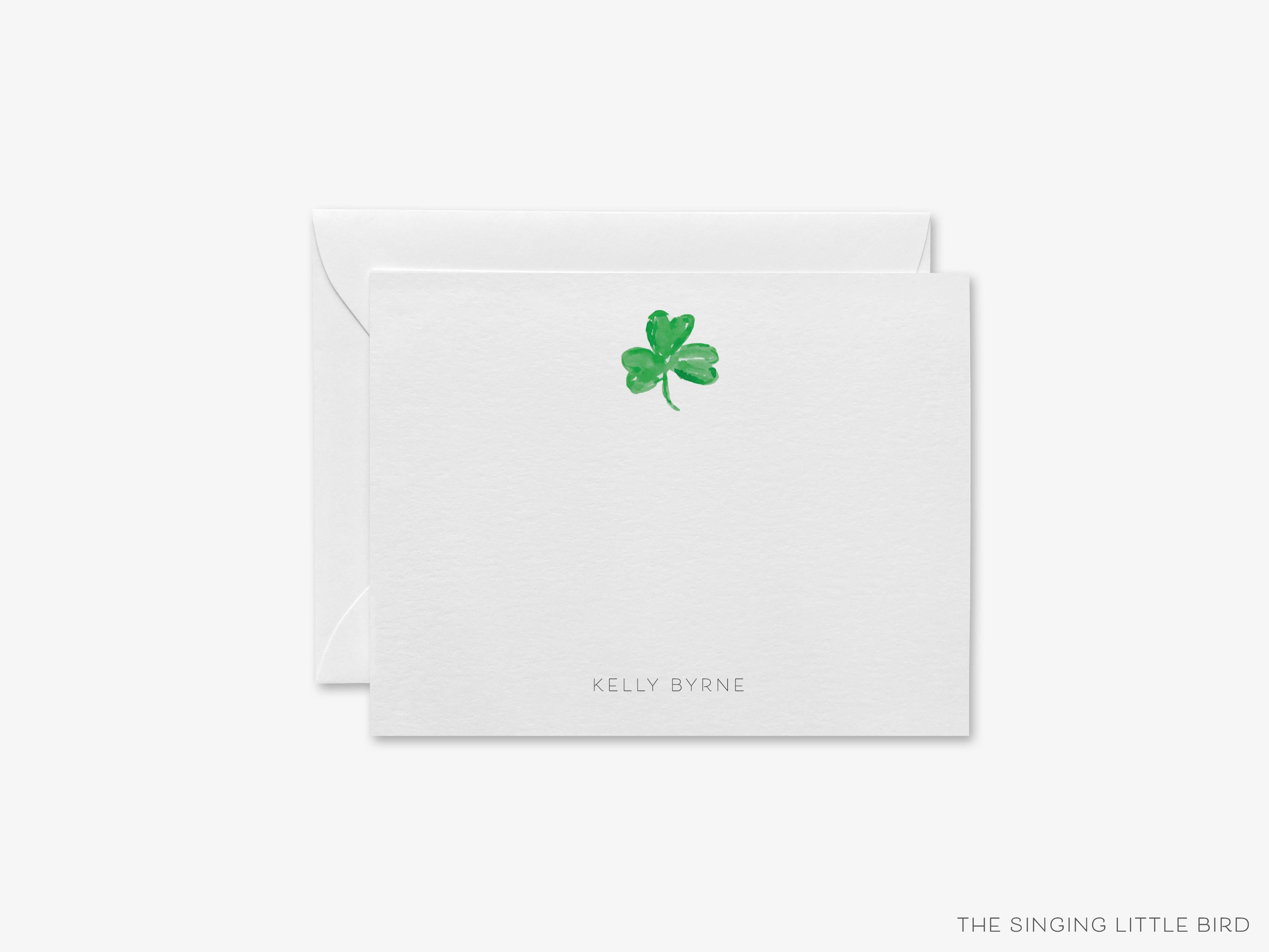 Personalized Shamrock Flat Notes-These personalized flat notecards are 4.25x5.5 and feature our hand-painted watercolor three leaf clover, printed in the USA on 120lb textured stock. They come with your choice of envelopes and make great thank yous and gifts for the shamrock lover in your life.-The Singing Little Bird