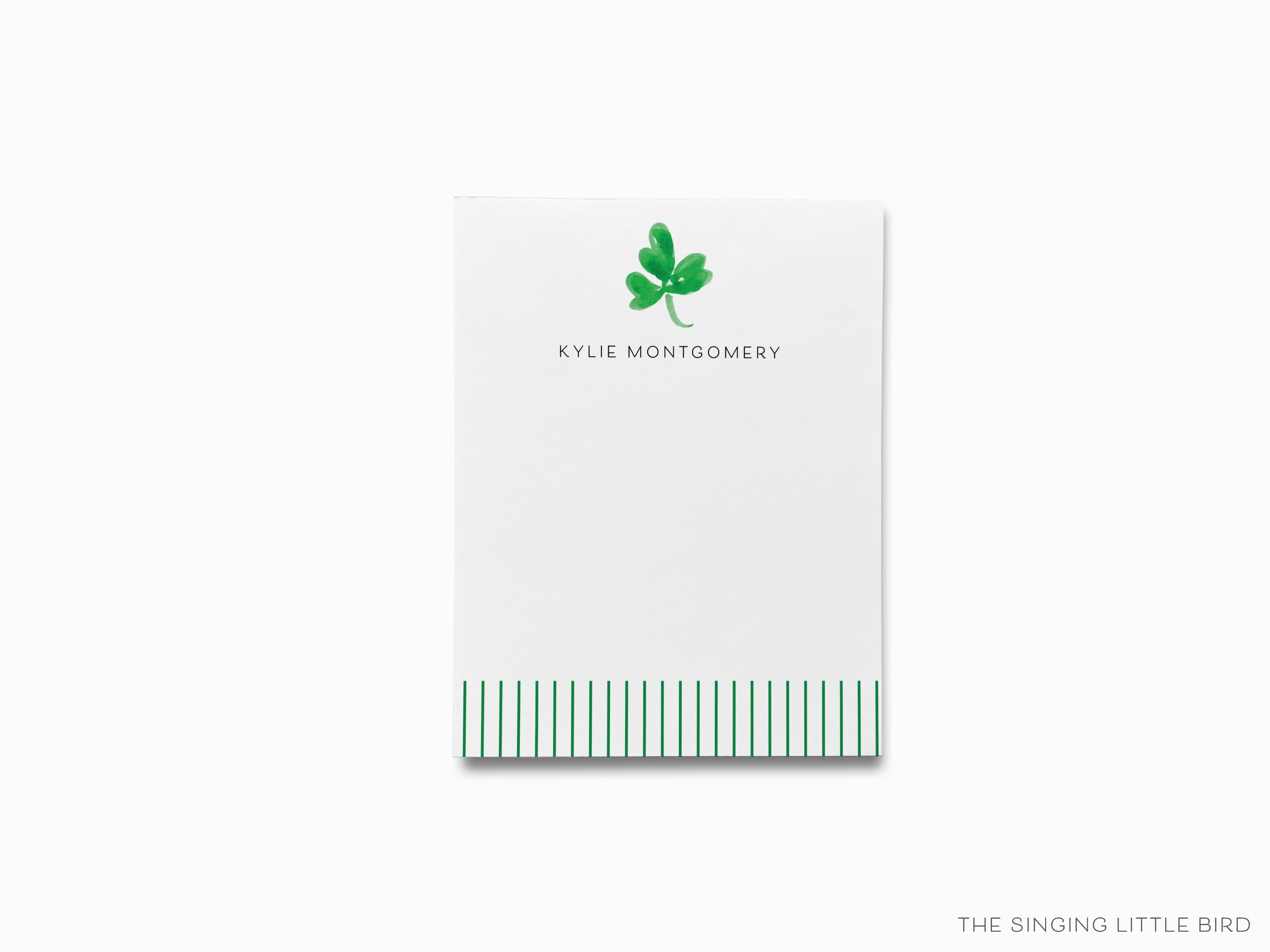 Personalized Shamrock Notepad-These personalized notepads feature our hand-painted watercolor three leaf clovers, printed in the USA on a beautiful smooth stock. You choose which size you want (or bundled together for a beautiful gift set) and makes a great gift for the checklist and shamrock lover in your life.-The Singing Little Bird