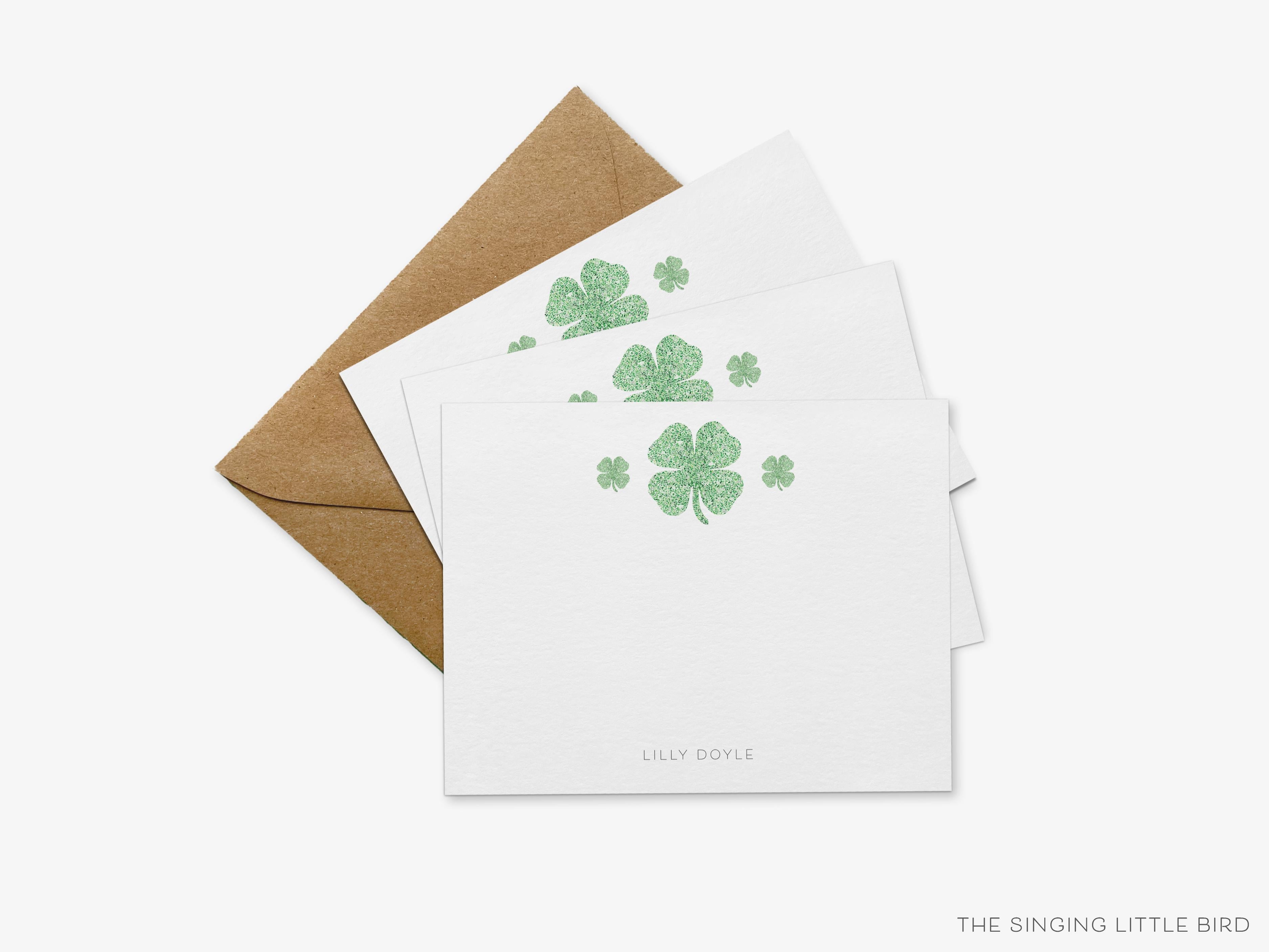 Personalized Shamrock Pattern Flat Notes-These personalized flat notecards are 4.25x5.5 and feature our hand-painted watercolor four leaf clover, printed in the USA on 120lb textured stock. They come with your choice of envelopes and make great thank yous and gifts for the shamrock lover in your life.-The Singing Little Bird