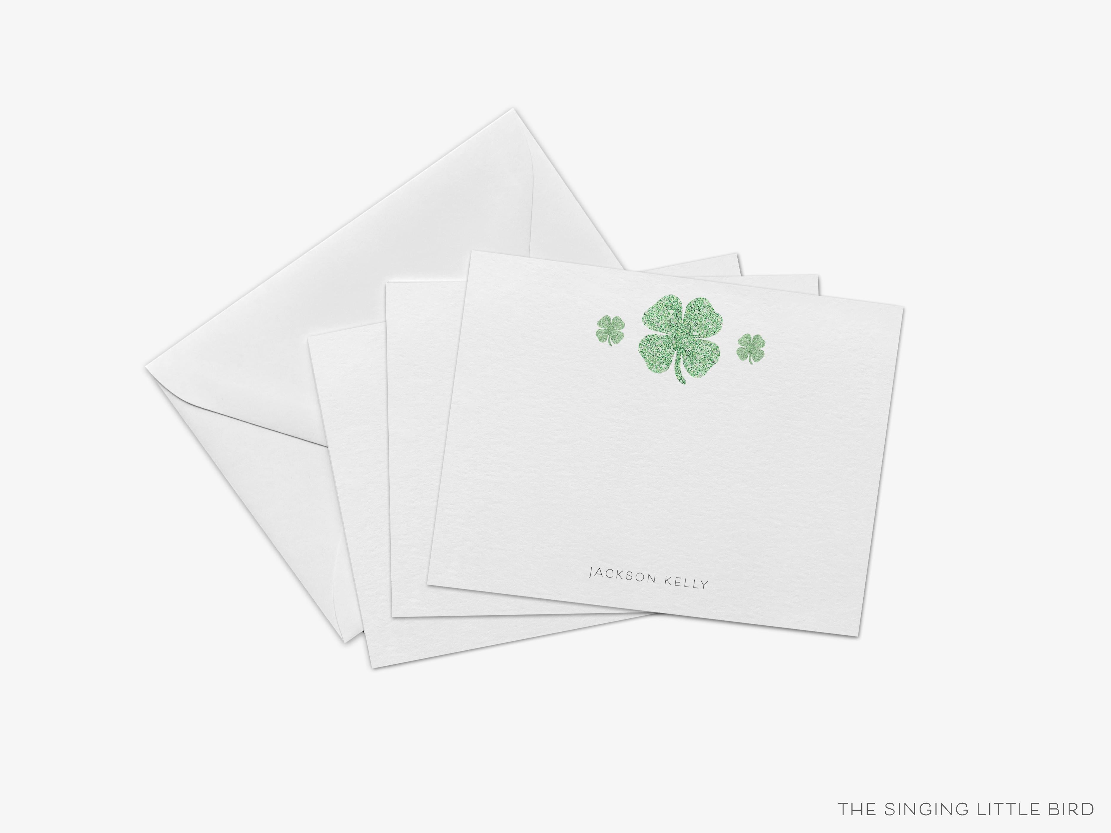 Personalized Shamrock Pattern Flat Notes-These personalized flat notecards are 4.25x5.5 and feature our hand-painted watercolor four leaf clover, printed in the USA on 120lb textured stock. They come with your choice of envelopes and make great thank yous and gifts for the shamrock lover in your life.-The Singing Little Bird