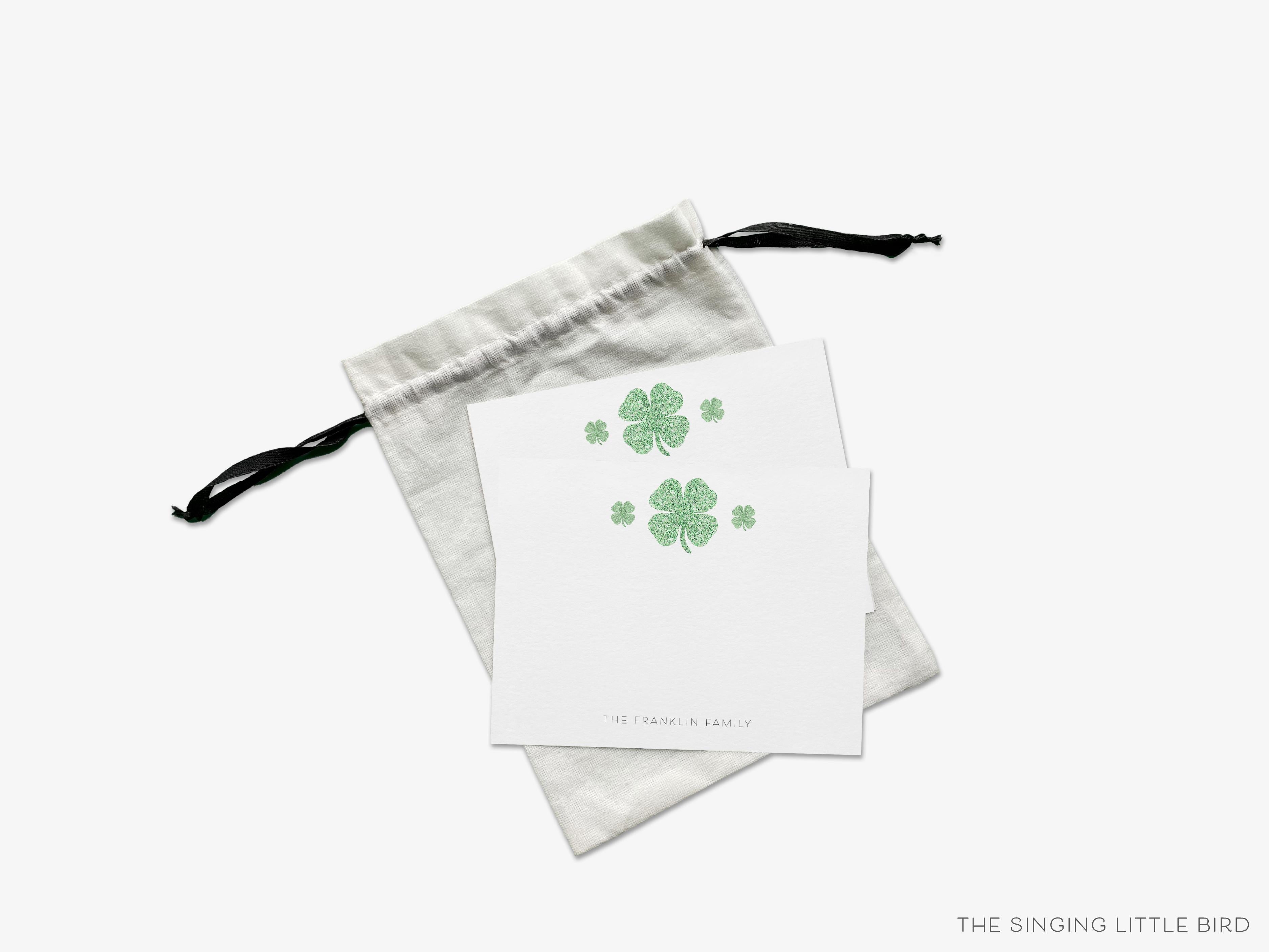 Personalized Shamrock Pattern Flat Notes-These personalized flat notecards are 4.25x5.5 and feature our hand-painted watercolor four leaf clover, printed in the USA on 120lb textured stock. They come with your choice of envelopes and make great thank yous and gifts for the shamrock lover in your life.-The Singing Little Bird