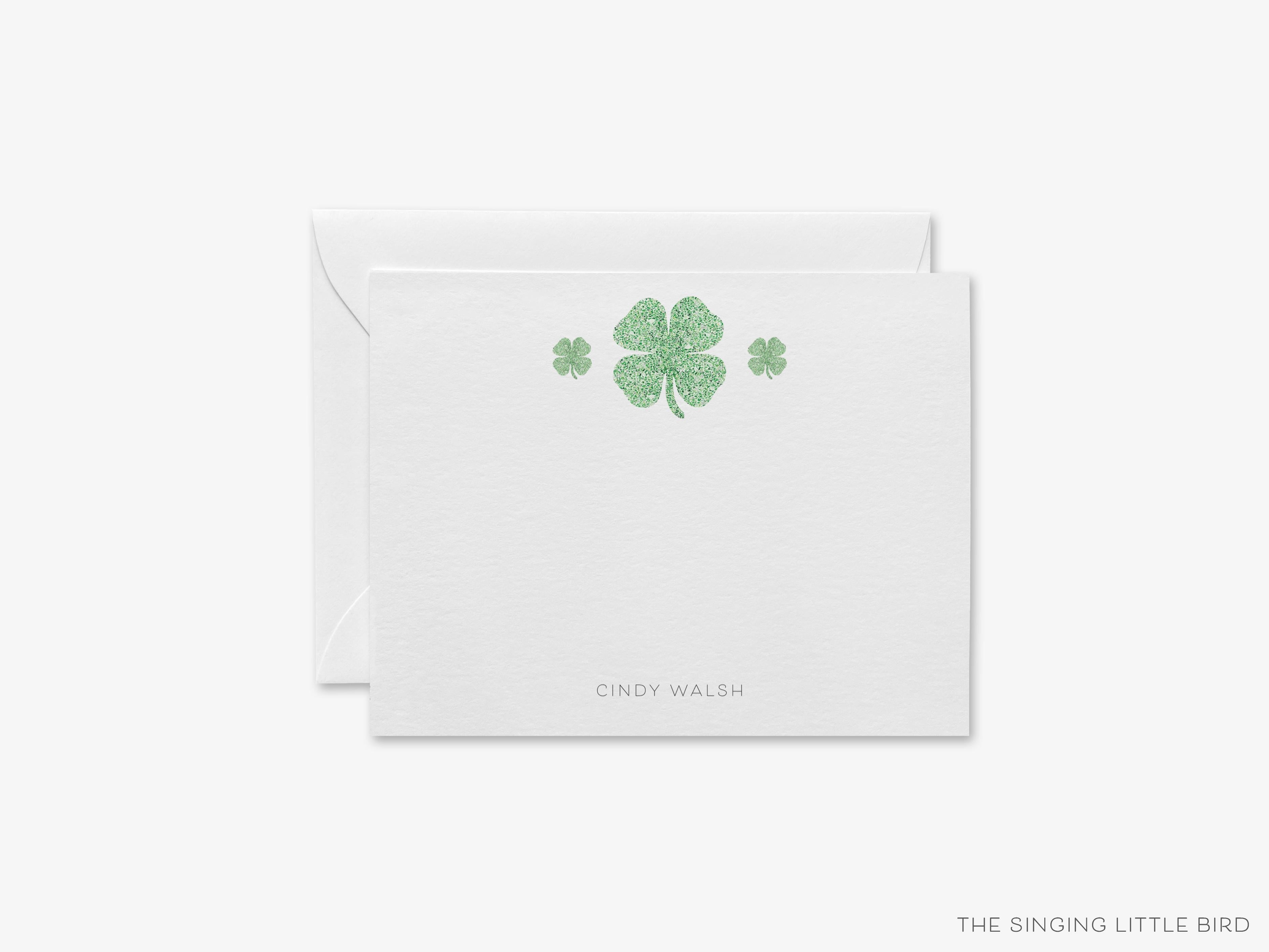 Personalized Shamrock Pattern Flat Notes-These personalized flat notecards are 4.25x5.5 and feature our hand-painted watercolor four leaf clover, printed in the USA on 120lb textured stock. They come with your choice of envelopes and make great thank yous and gifts for the shamrock lover in your life.-The Singing Little Bird