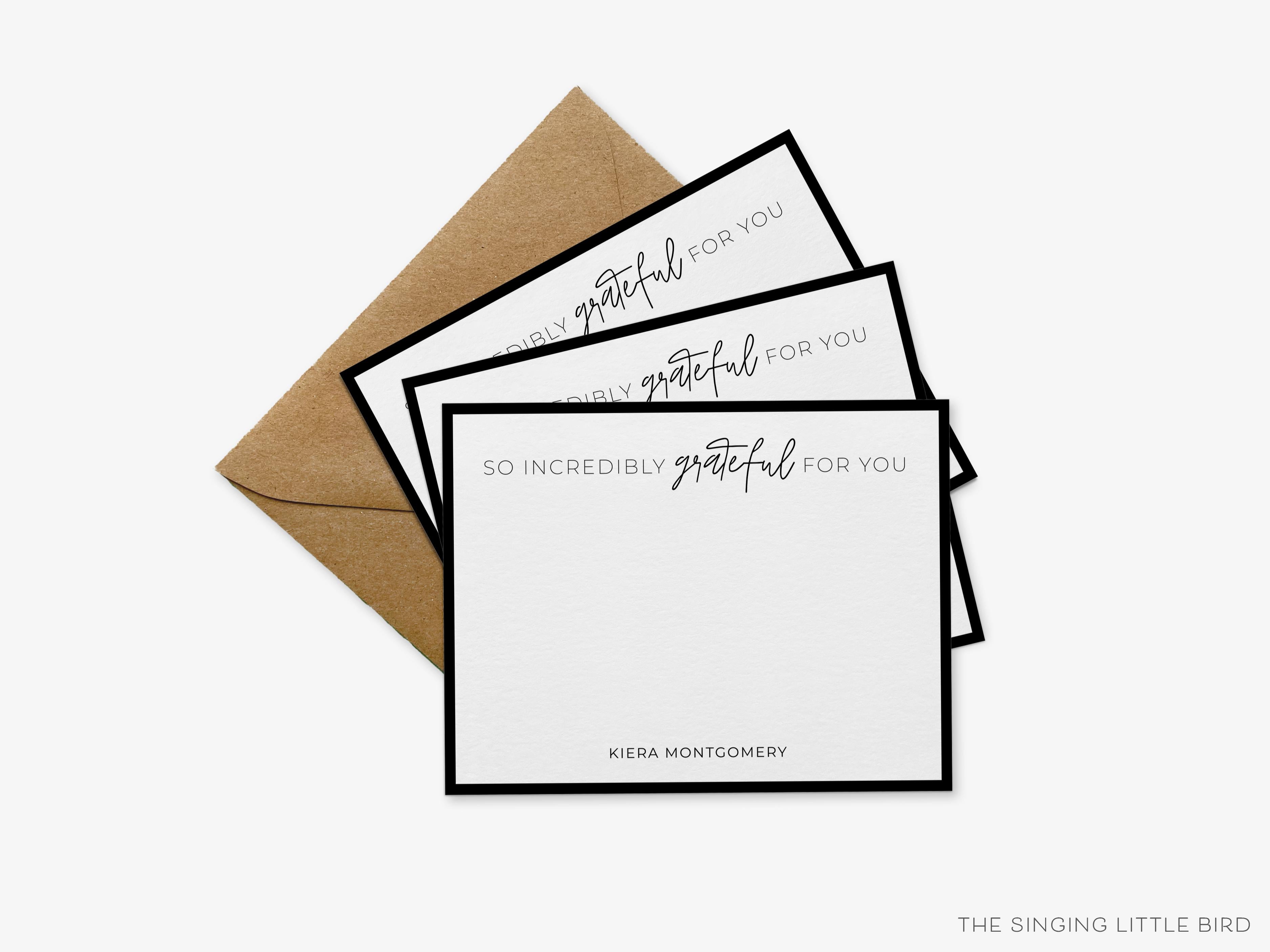 Personalized So Very Grateful For You Flat Notes-These personalized flat notecards are 4.25x5.5 and feature our hand-painted watercolor minimalist text, printed in the USA on 120lb textured stock. They come with your choice of envelopes and make great thank yous and gifts for the modern lover in your life.-The Singing Little Bird