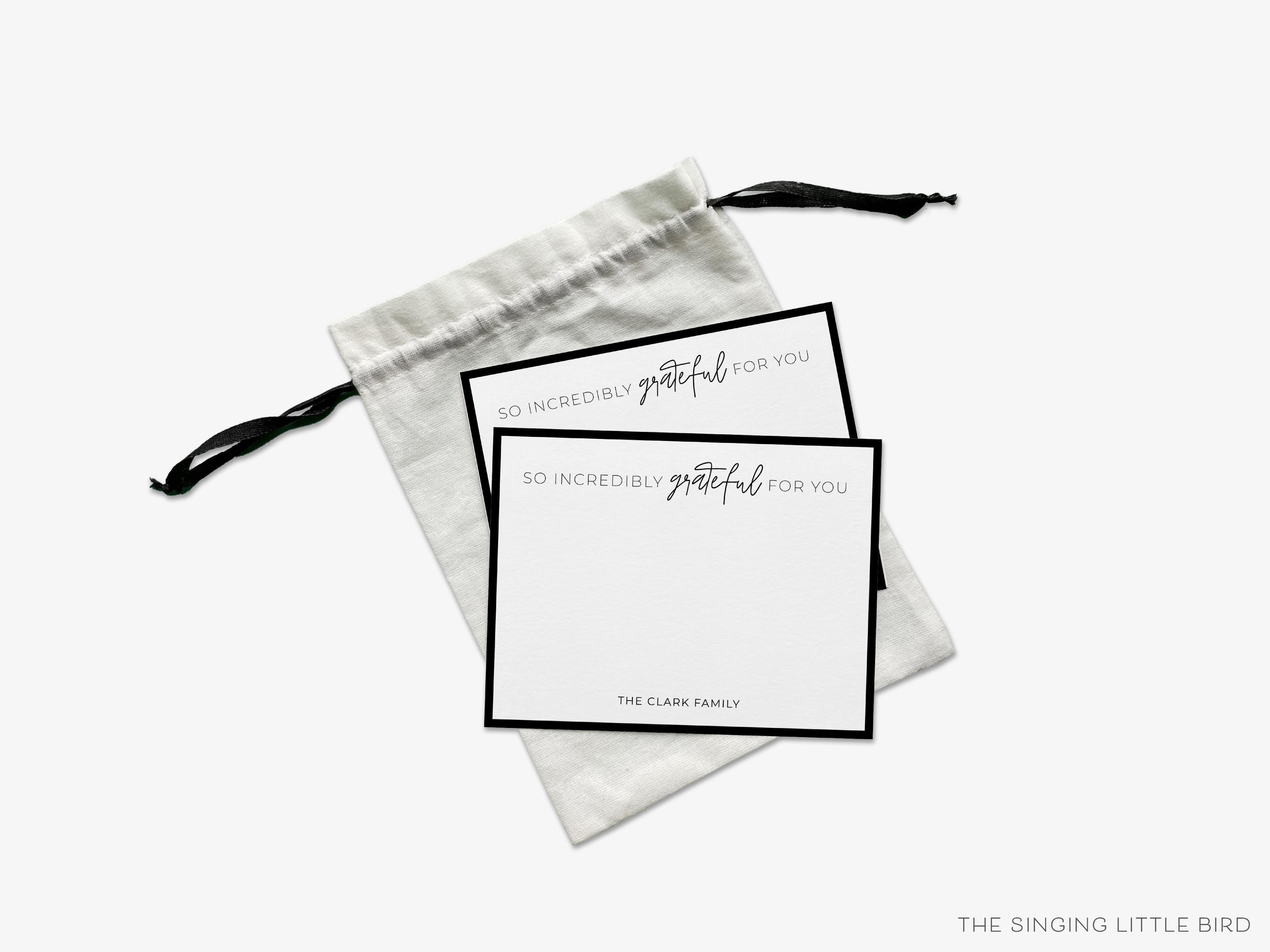 Personalized So Very Grateful For You Flat Notes-These personalized flat notecards are 4.25x5.5 and feature our hand-painted watercolor minimalist text, printed in the USA on 120lb textured stock. They come with your choice of envelopes and make great thank yous and gifts for the modern lover in your life.-The Singing Little Bird