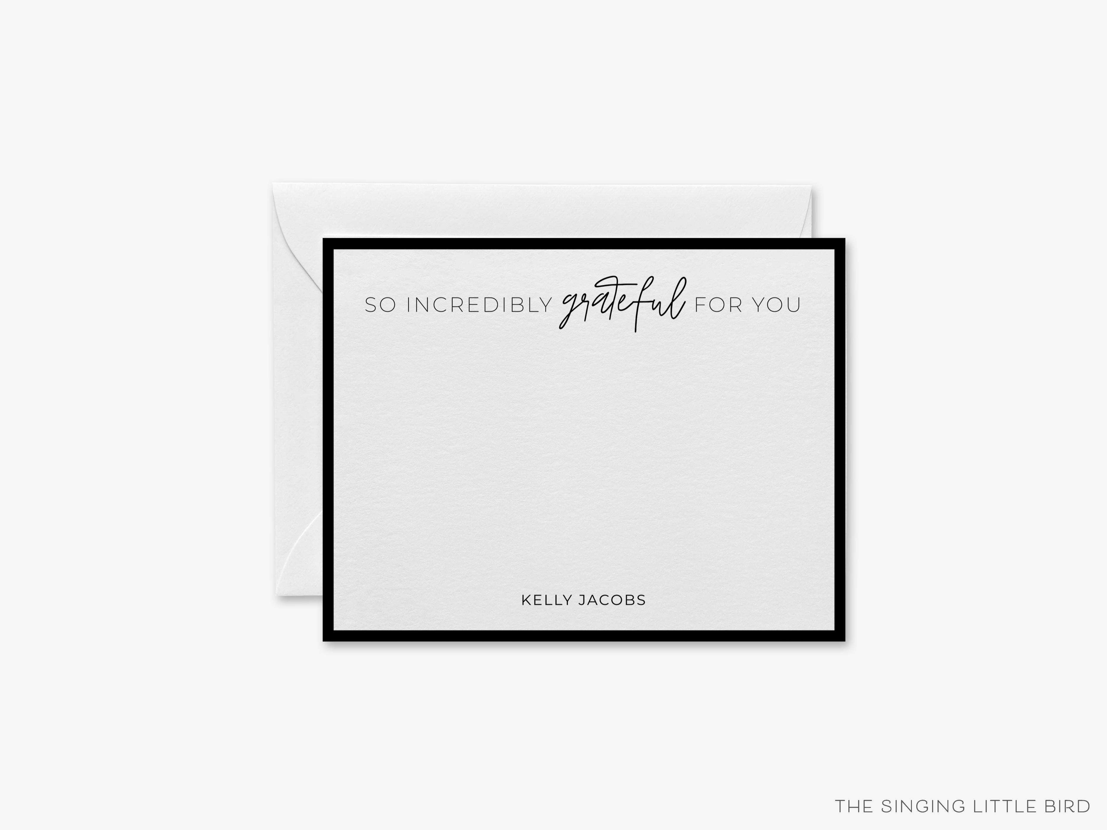 Personalized So Very Grateful For You Flat Notes-These personalized flat notecards are 4.25x5.5 and feature our hand-painted watercolor minimalist text, printed in the USA on 120lb textured stock. They come with your choice of envelopes and make great thank yous and gifts for the modern lover in your life.-The Singing Little Bird