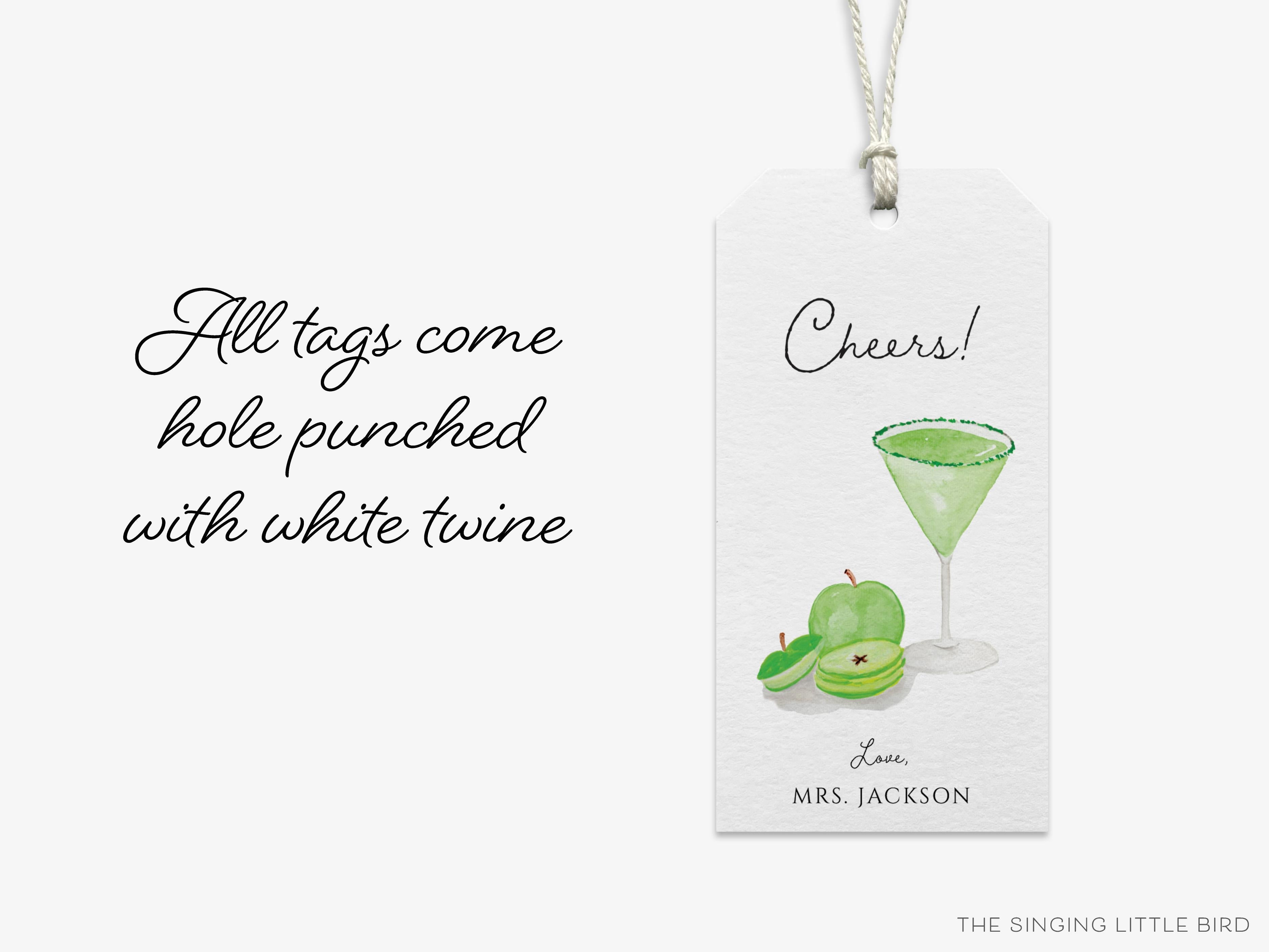 Personalized Sour Apple Martini Cheers Gift Tags-These gift tags come in sets, hole-punched with white twine and feature our hand-painted watercolor apple and martini glass, printed in the USA on 120lb textured stock. They make great tags for gifting or gifts for the cocktail lover in your life.-The Singing Little Bird
