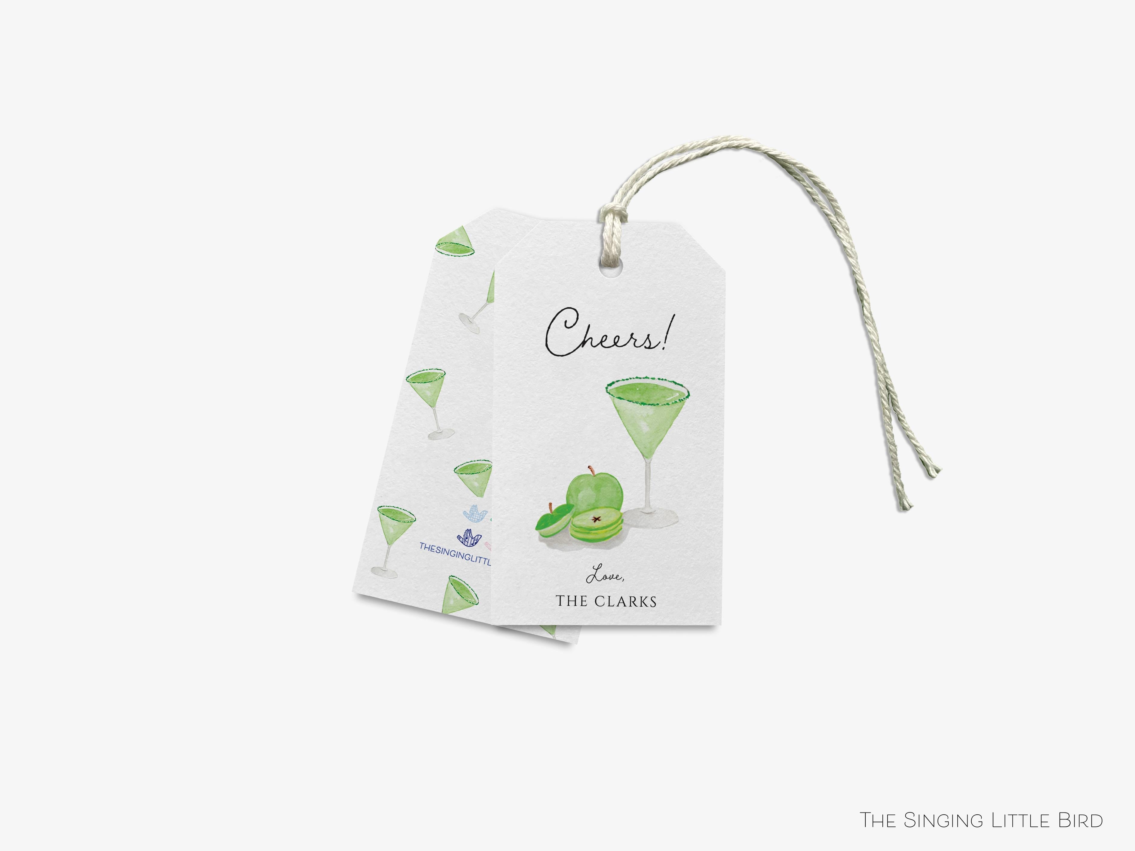 Personalized Sour Apple Martini Cheers Gift Tags-These gift tags come in sets, hole-punched with white twine and feature our hand-painted watercolor apple and martini glass, printed in the USA on 120lb textured stock. They make great tags for gifting or gifts for the cocktail lover in your life.-The Singing Little Bird
