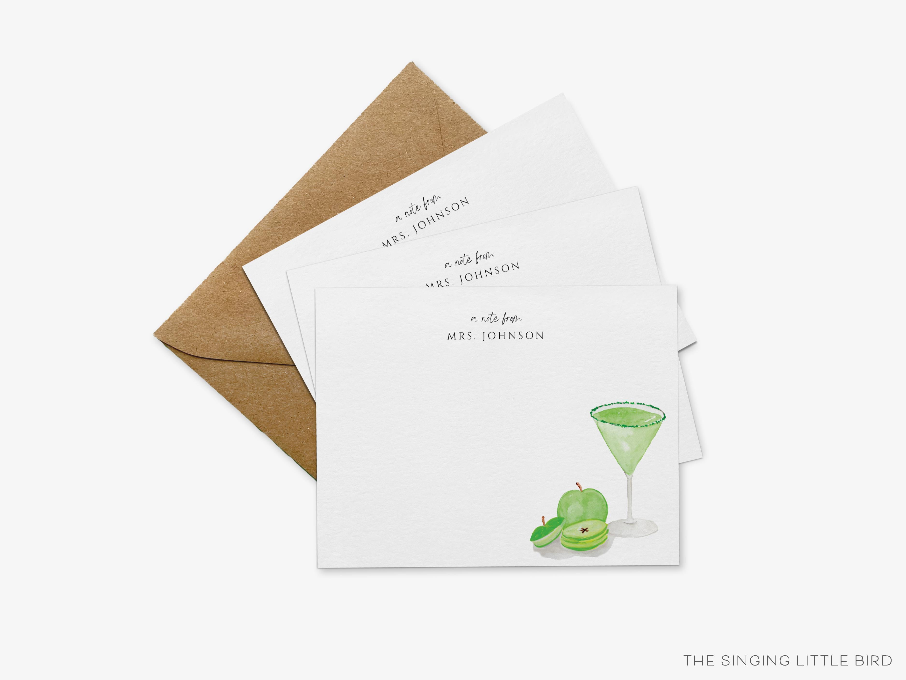 Personalized Sour Apple Martini Cocktail Flat Notes-These personalized flat notecards are 4.25x5.5 and feature our hand-painted watercolor green apple and martini glass, printed in the USA on 120lb textured stock. They come with your choice of envelopes and make great thank yous and gifts for the cocktail lover in your life.-The Singing Little Bird