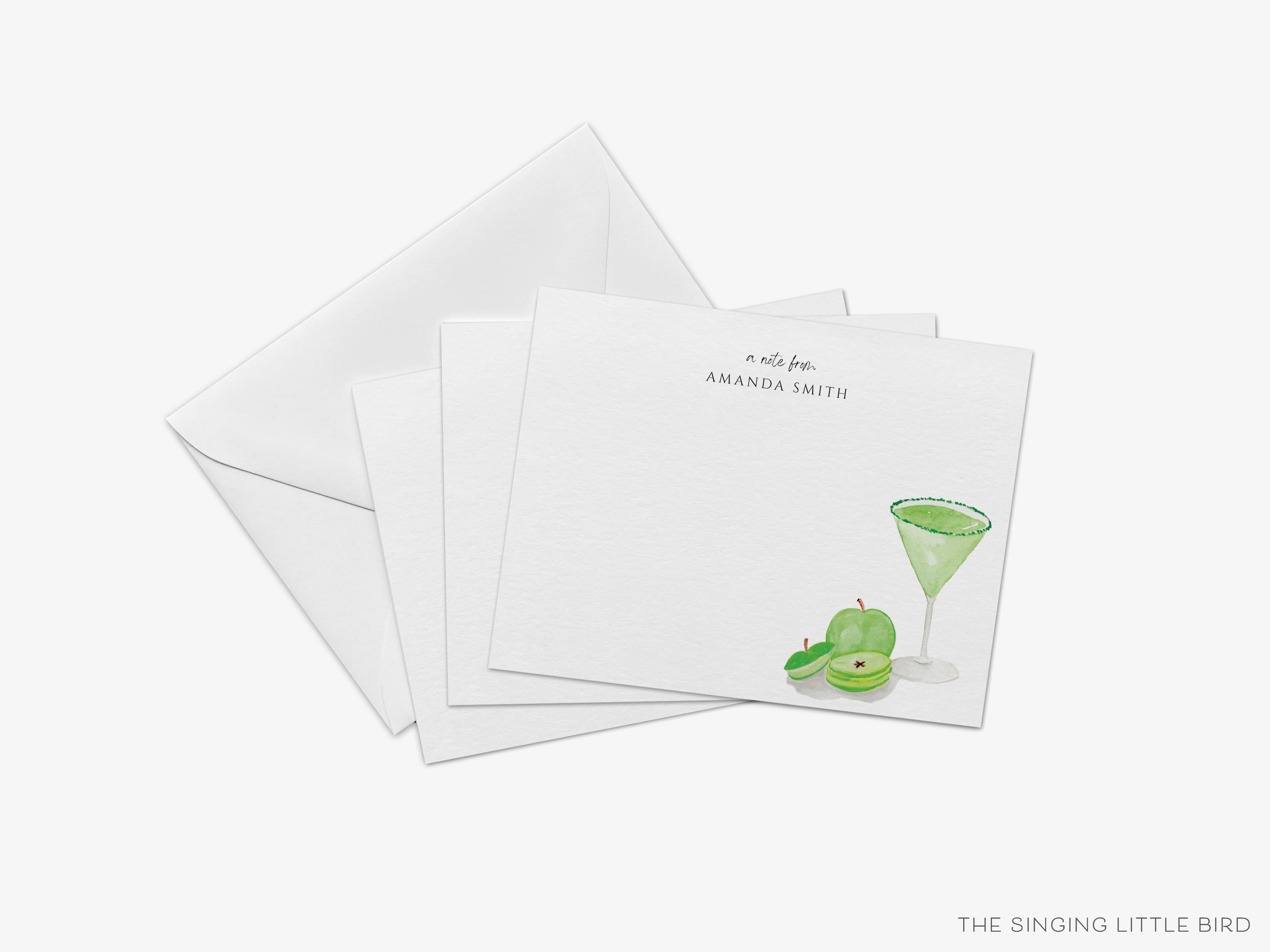 Personalized Sour Apple Martini Cocktail Flat Notes-These personalized flat notecards are 4.25x5.5 and feature our hand-painted watercolor green apple and martini glass, printed in the USA on 120lb textured stock. They come with your choice of envelopes and make great thank yous and gifts for the cocktail lover in your life.-The Singing Little Bird