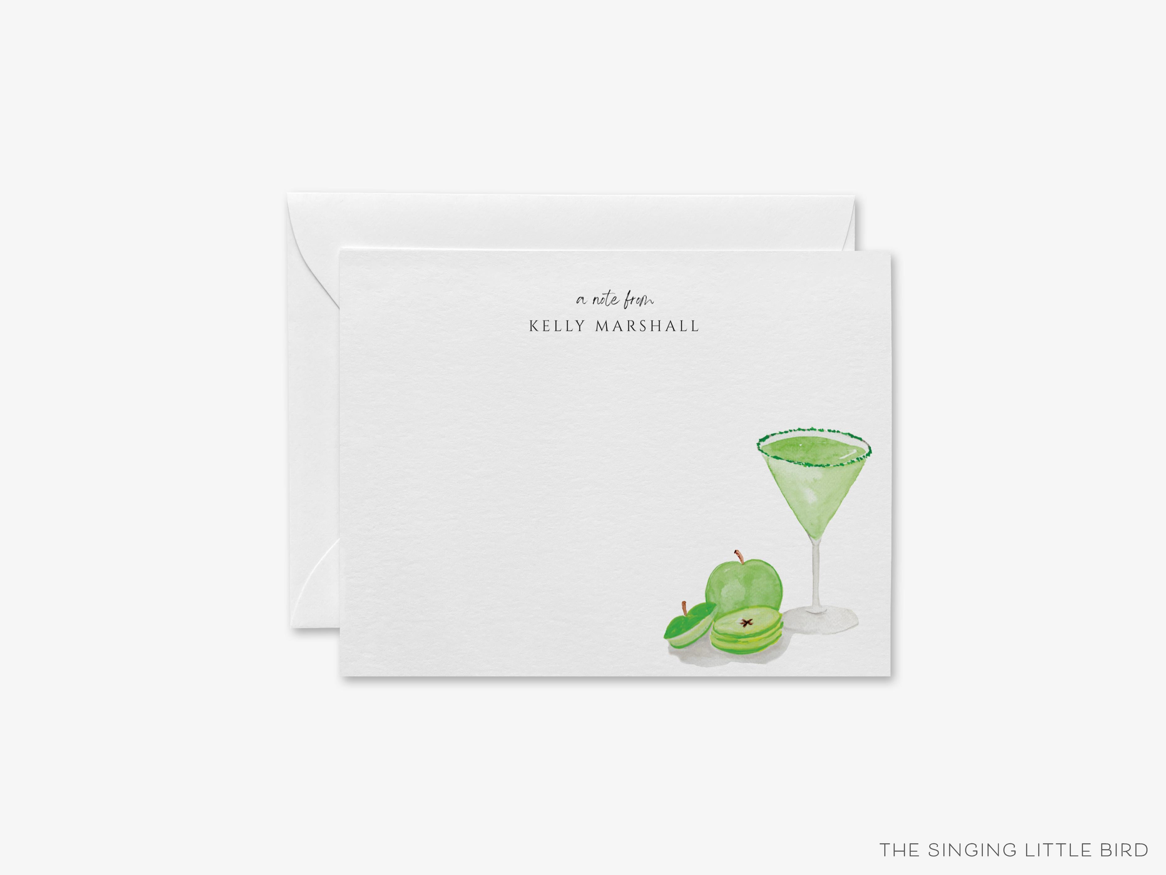 Personalized Sour Apple Martini Cocktail Flat Notes-These personalized flat notecards are 4.25x5.5 and feature our hand-painted watercolor green apple and martini glass, printed in the USA on 120lb textured stock. They come with your choice of envelopes and make great thank yous and gifts for the cocktail lover in your life.-The Singing Little Bird