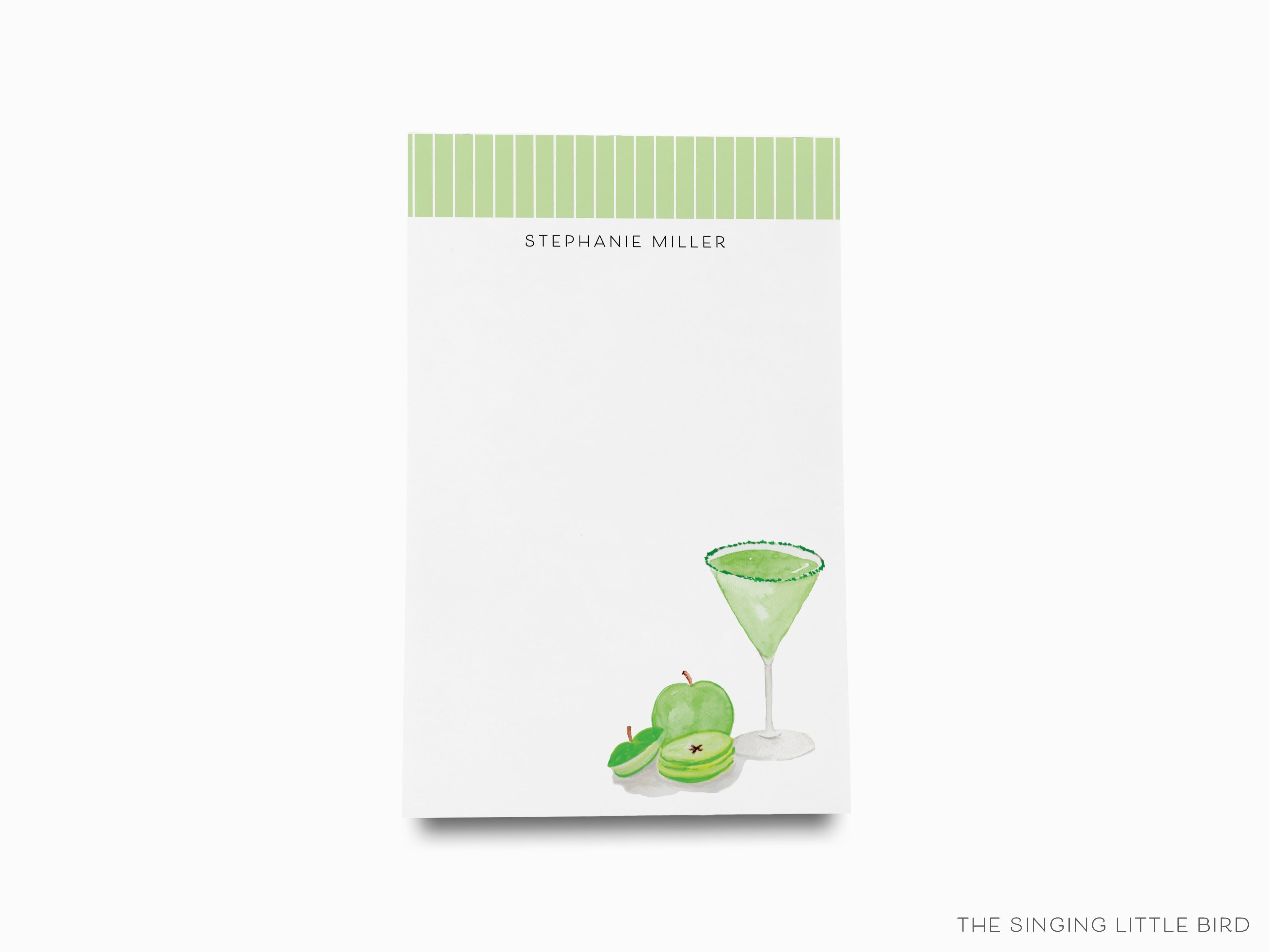 Personalized Sour Apple Martini Cocktail Notepad-These personalized notepads feature our hand-painted watercolor apple and martini glass, printed in the USA on a beautiful smooth stock. You choose which size you want (or bundled together for a beautiful gift set) and makes a great gift for the checklist and cocktail lover in your life.-The Singing Little Bird