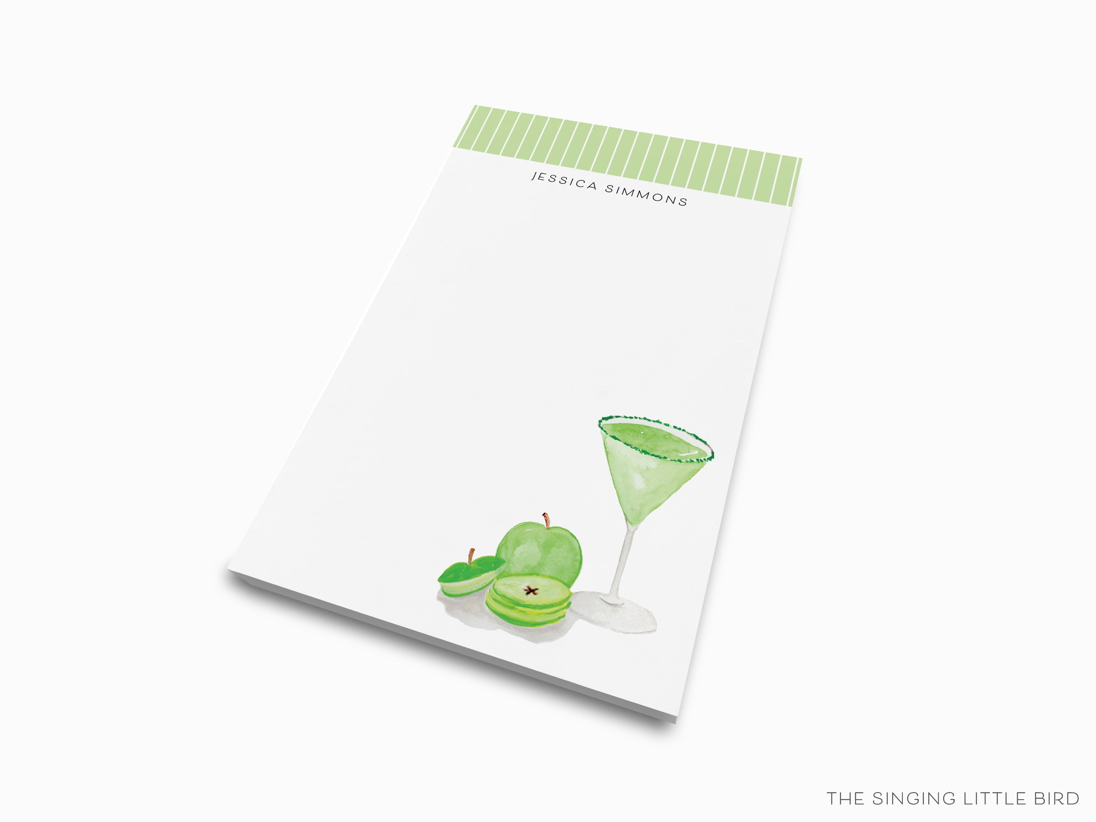 Personalized Sour Apple Martini Cocktail Notepad-These personalized notepads feature our hand-painted watercolor apple and martini glass, printed in the USA on a beautiful smooth stock. You choose which size you want (or bundled together for a beautiful gift set) and makes a great gift for the checklist and cocktail lover in your life.-The Singing Little Bird