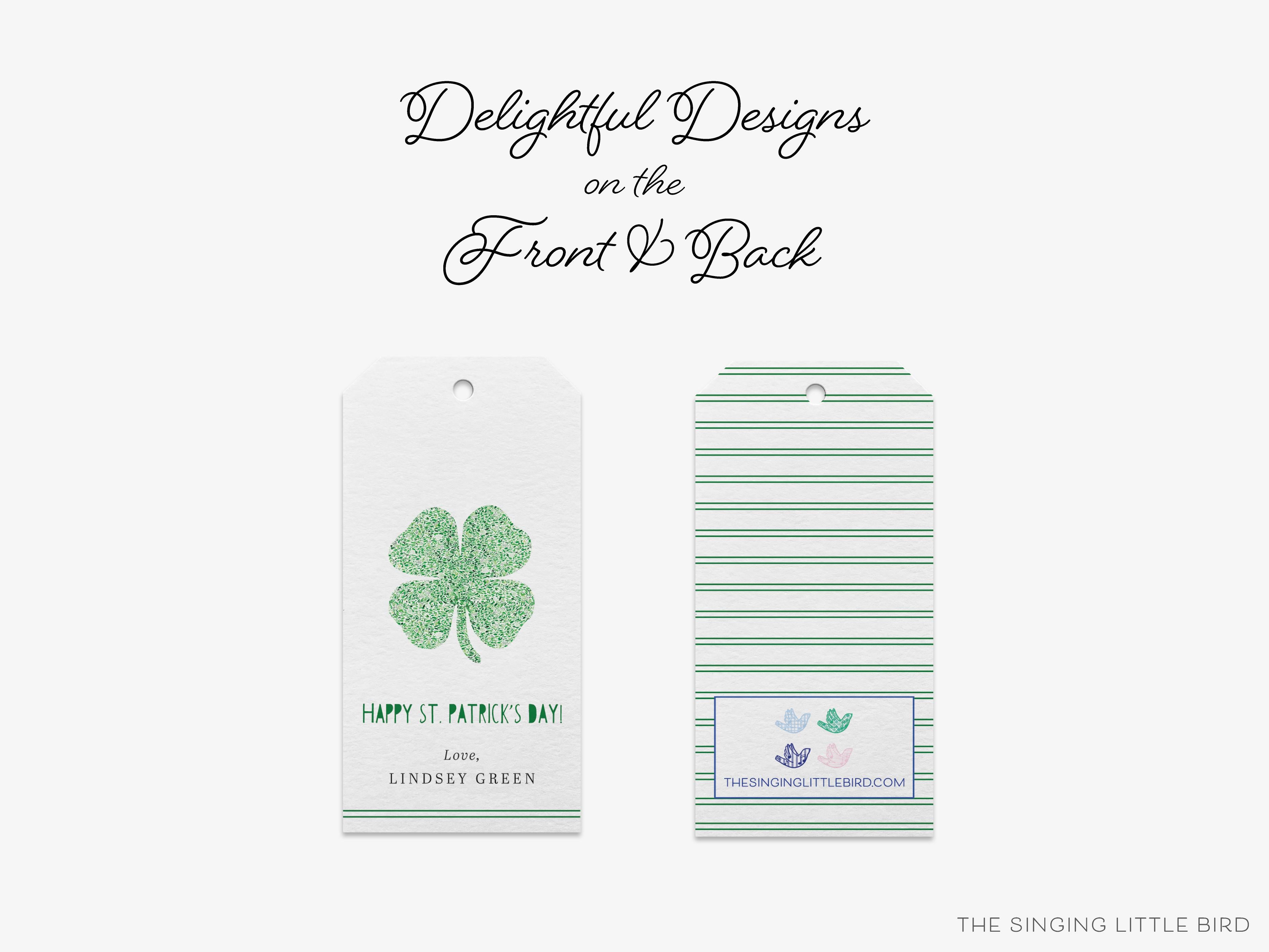 Personalized St. Patrick's Day Gift Tags-These gift tags come in sets, hole-punched with white twine and feature our hand-painted watercolor four leaf clovers, printed in the USA on 120lb textured stock. They make great tags for gifting or gifts for the shamrock lover in your life.-The Singing Little Bird