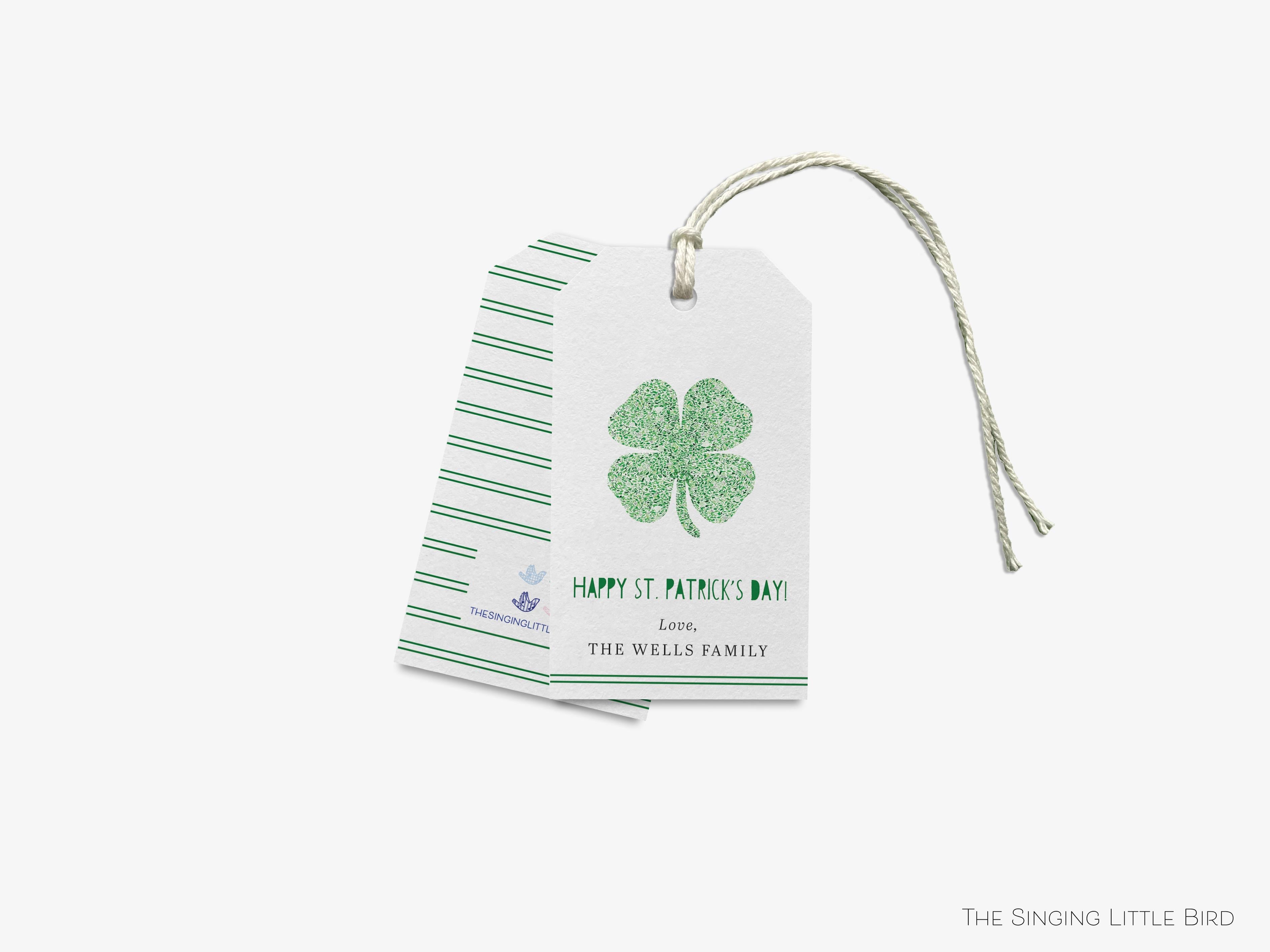 Personalized St. Patrick's Day Gift Tags-These gift tags come in sets, hole-punched with white twine and feature our hand-painted watercolor four leaf clovers, printed in the USA on 120lb textured stock. They make great tags for gifting or gifts for the shamrock lover in your life.-The Singing Little Bird