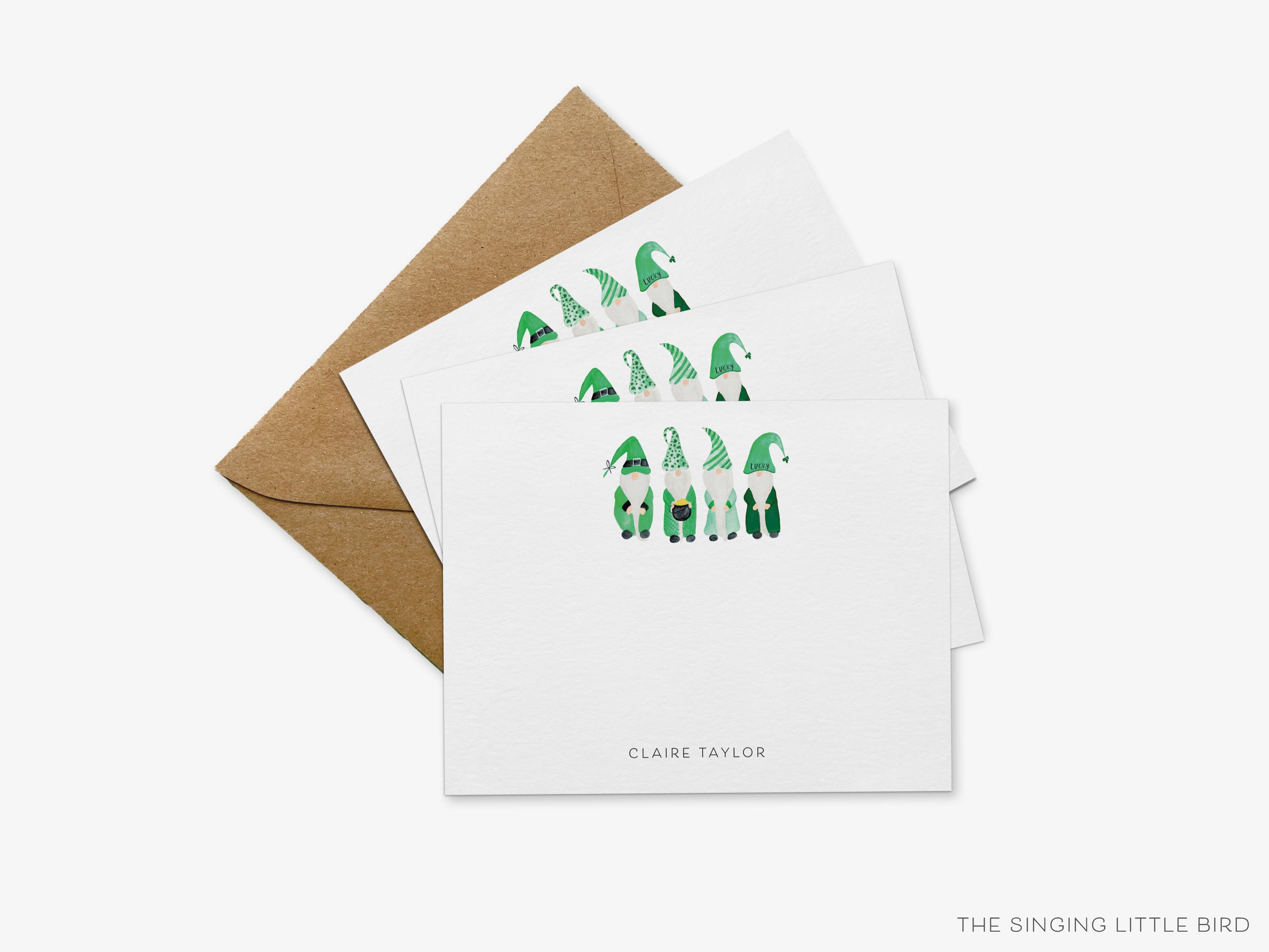 Personalized St. Patrick's Day Gnome Flat Notes-These personalized flat notecards are 4.25x5.5 and feature our hand-painted watercolor Gnomes, printed in the USA on 120lb textured stock. They come with your choice of envelopes and make great thank yous and gifts for the Irish and gnome lover in your life.-The Singing Little Bird