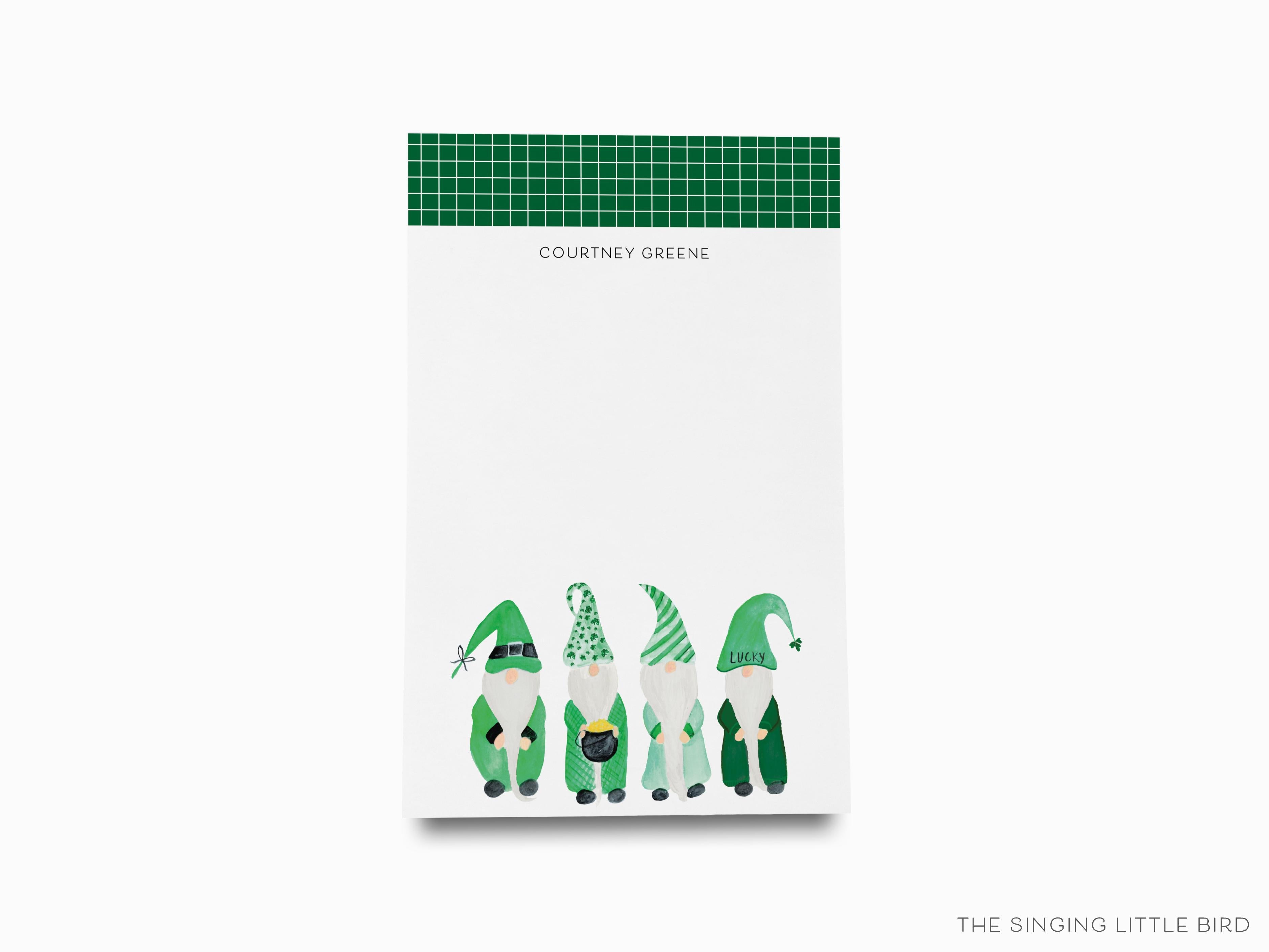 Personalized St. Patrick's Day Gnome Notepad-These personalized notepads feature our hand-painted watercolor Gnomes, printed in the USA on a beautiful smooth stock. You choose which size you want (or bundled together for a beautiful gift set) and makes a great gift for the checklist and St. Partick's Day and gnome lover in your life.-The Singing Little Bird