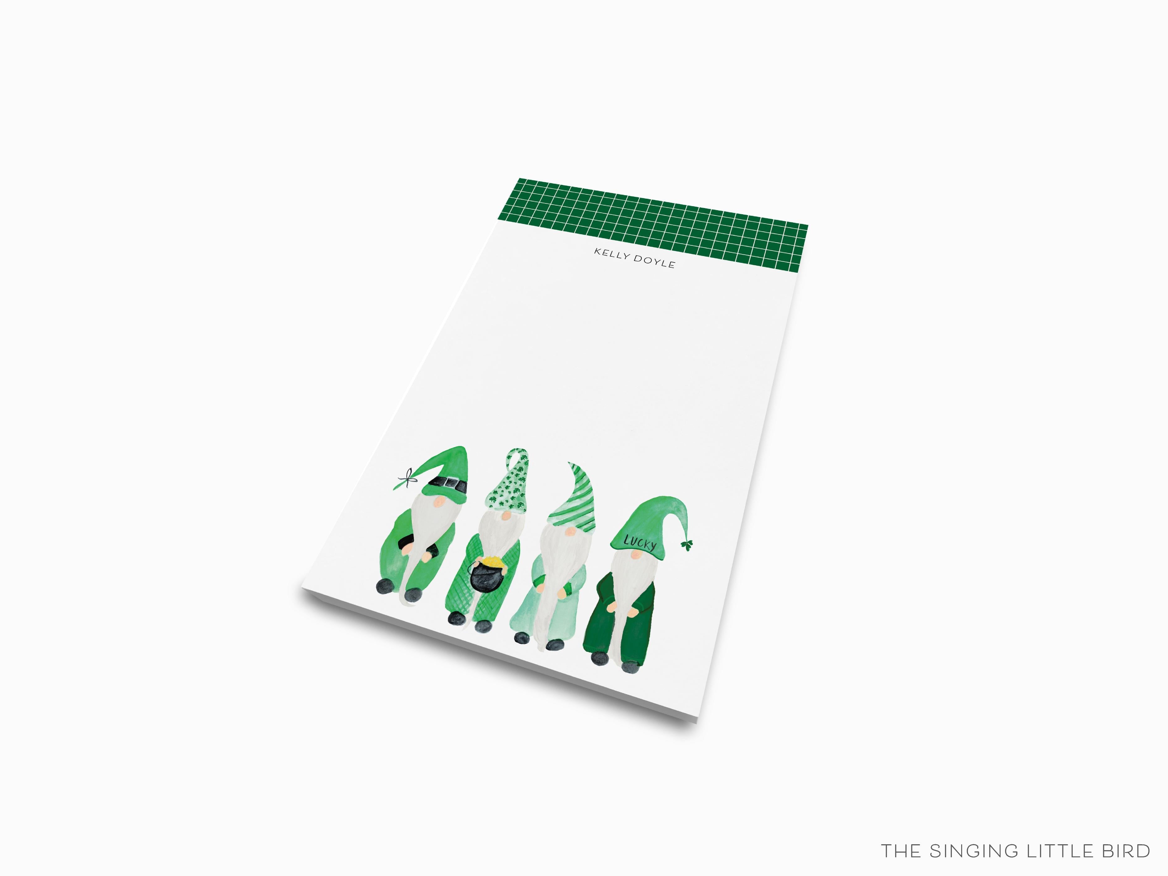Personalized St. Patrick's Day Gnome Notepad-These personalized notepads feature our hand-painted watercolor Gnomes, printed in the USA on a beautiful smooth stock. You choose which size you want (or bundled together for a beautiful gift set) and makes a great gift for the checklist and St. Partick's Day and gnome lover in your life.-The Singing Little Bird