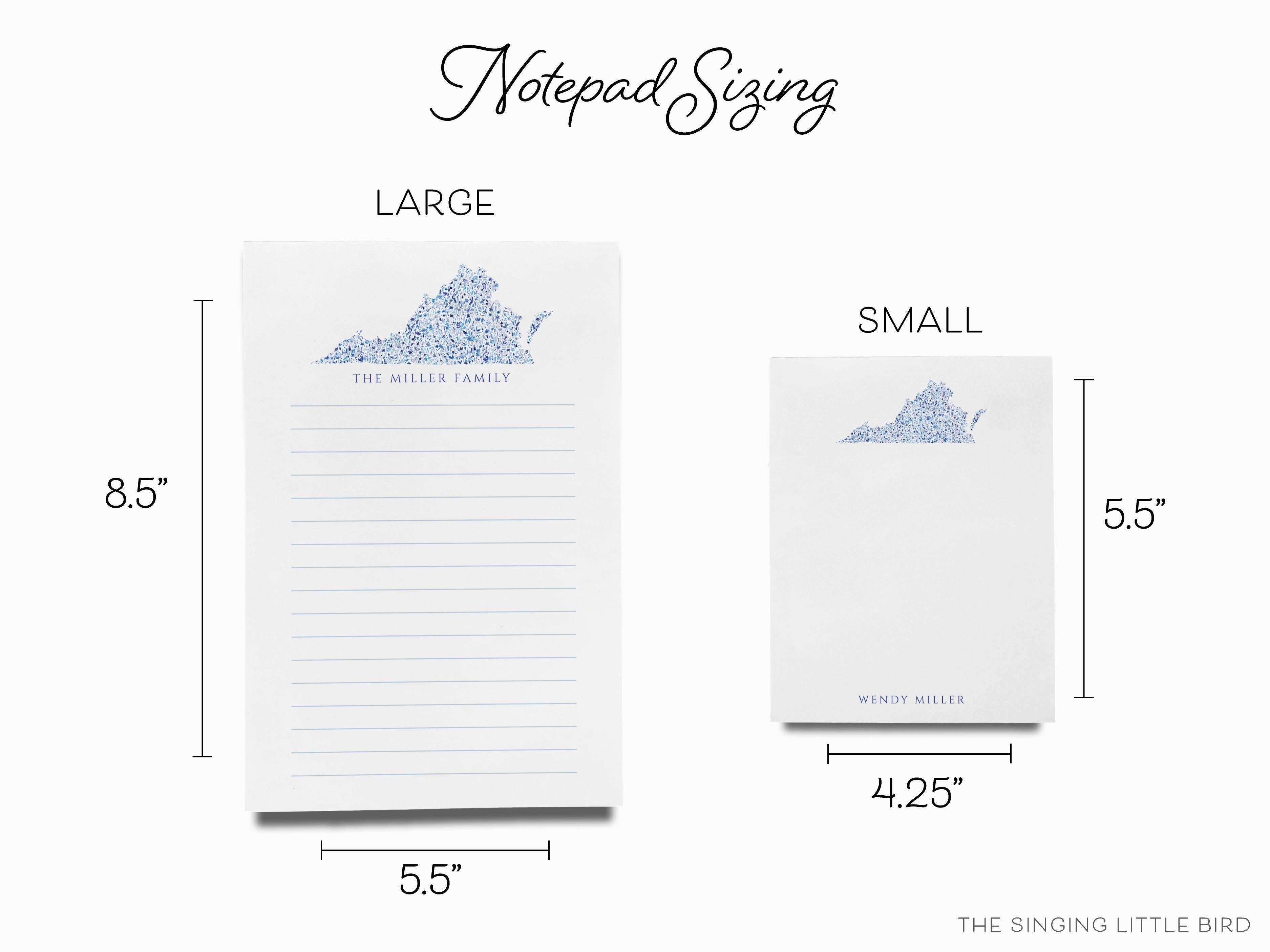 Personalized State of Virginia Notepad-These personalized notepads feature our hand-painted watercolor floral pattern in the shape of Virginia, printed in the USA on a beautiful smooth stock. You choose which size you want (or bundled together for a beautiful gift set) and makes a great gift for the checklist and Virginian lover in your life.-The Singing Little Bird