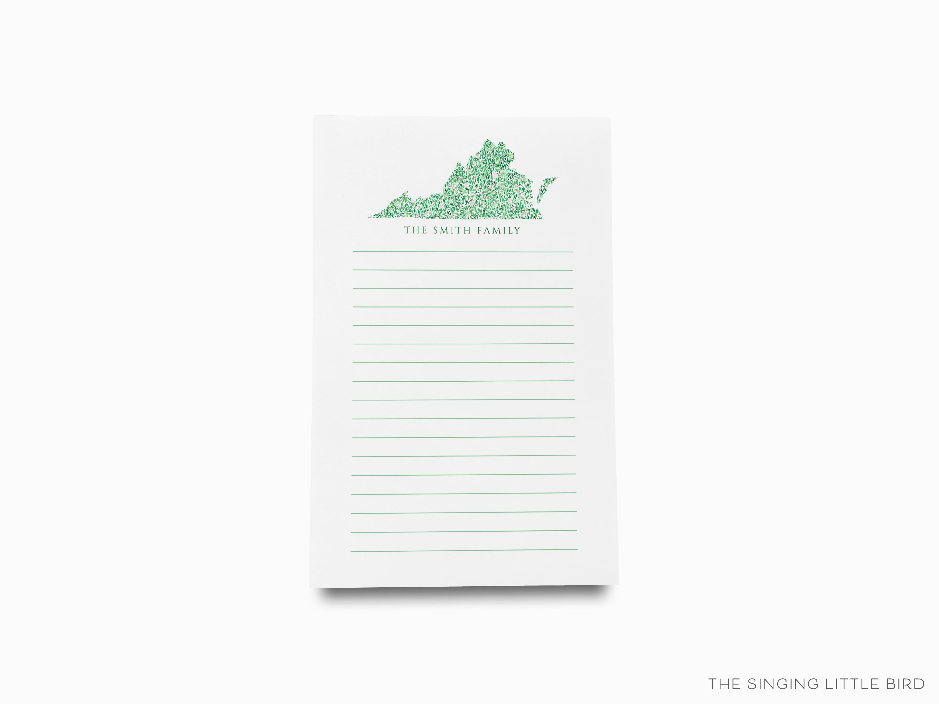 Personalized State of Virginia Notepad-These personalized notepads feature our hand-painted watercolor floral pattern in the shape of Virginia, printed in the USA on a beautiful smooth stock. You choose which size you want (or bundled together for a beautiful gift set) and makes a great gift for the checklist and Virginian lover in your life.-The Singing Little Bird