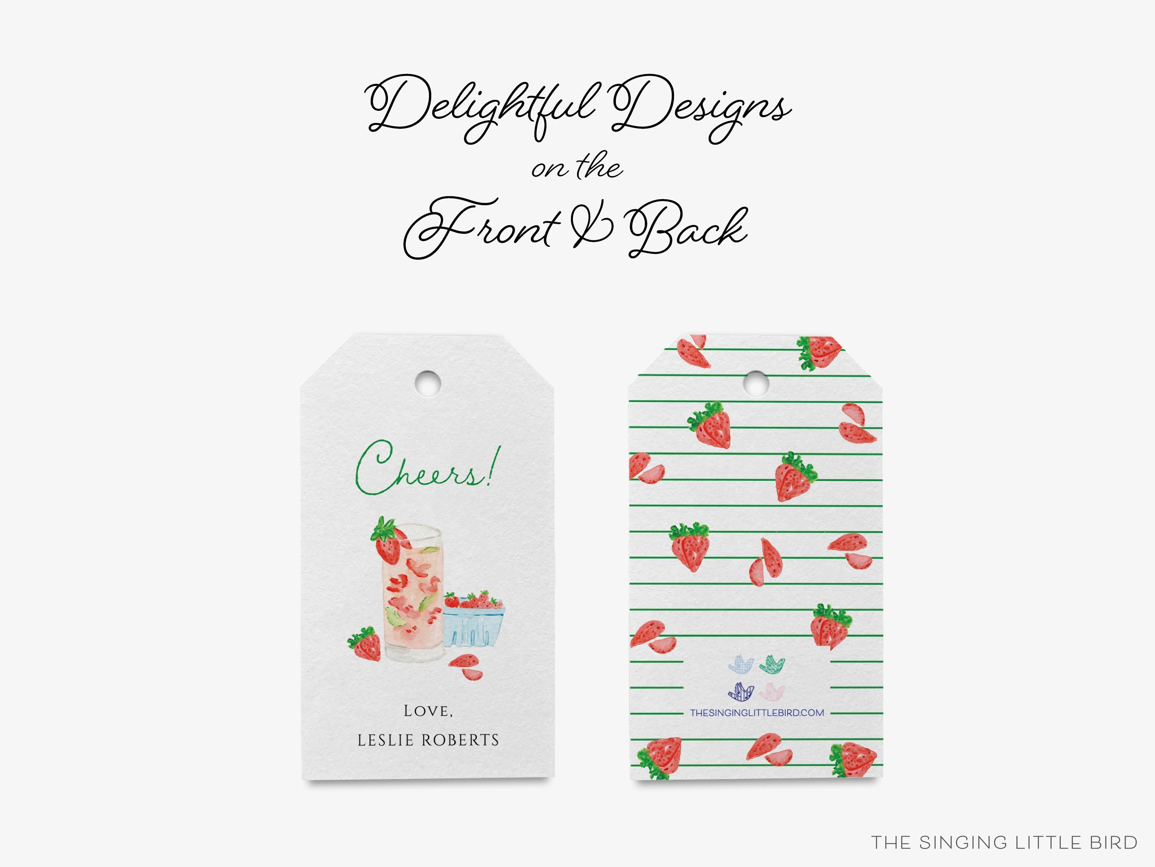Personalized Strawberry Basil Cheers Gift Tags-These gift tags come in sets, hole-punched with white twine and feature our hand-painted watercolor strawberries and cocktail glass, printed in the USA on 120lb textured stock. They make great tags for gifting or gifts for the cocktail lover in your life.-The Singing Little Bird