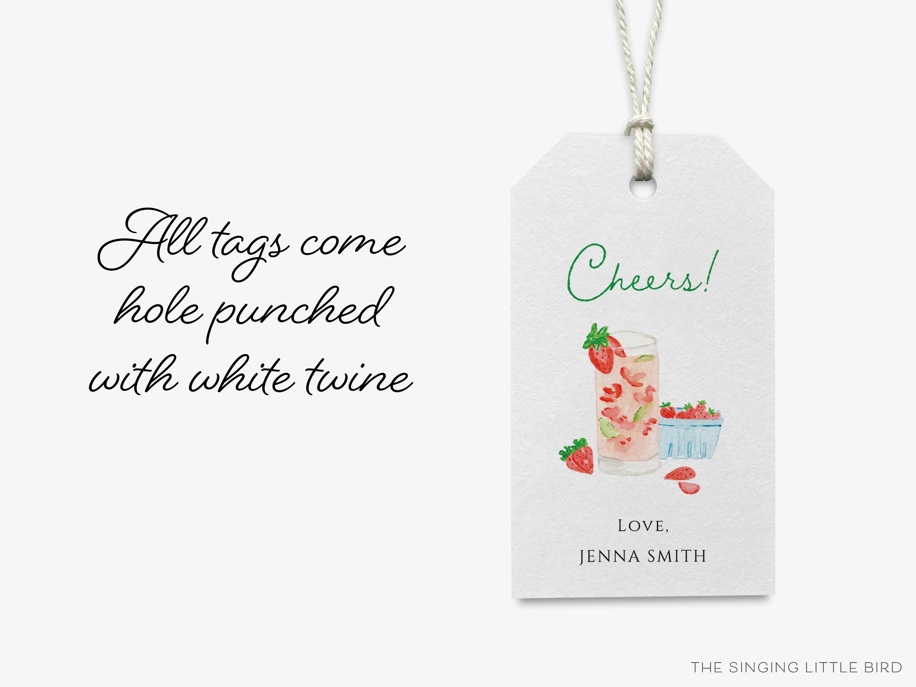 Personalized Strawberry Basil Cheers Gift Tags-These gift tags come in sets, hole-punched with white twine and feature our hand-painted watercolor strawberries and cocktail glass, printed in the USA on 120lb textured stock. They make great tags for gifting or gifts for the cocktail lover in your life.-The Singing Little Bird