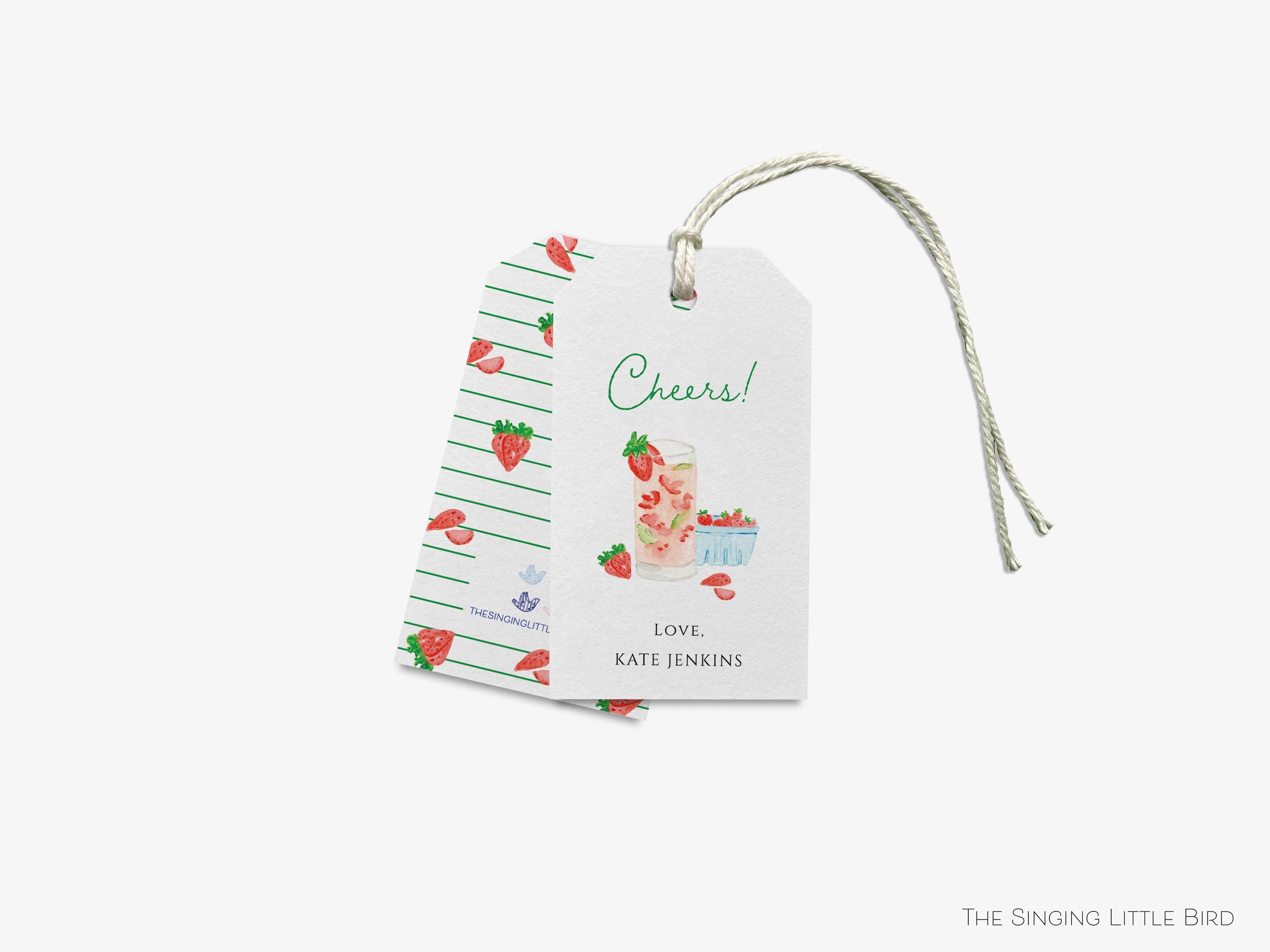 Personalized Strawberry Basil Cheers Gift Tags-These gift tags come in sets, hole-punched with white twine and feature our hand-painted watercolor strawberries and cocktail glass, printed in the USA on 120lb textured stock. They make great tags for gifting or gifts for the cocktail lover in your life.-The Singing Little Bird