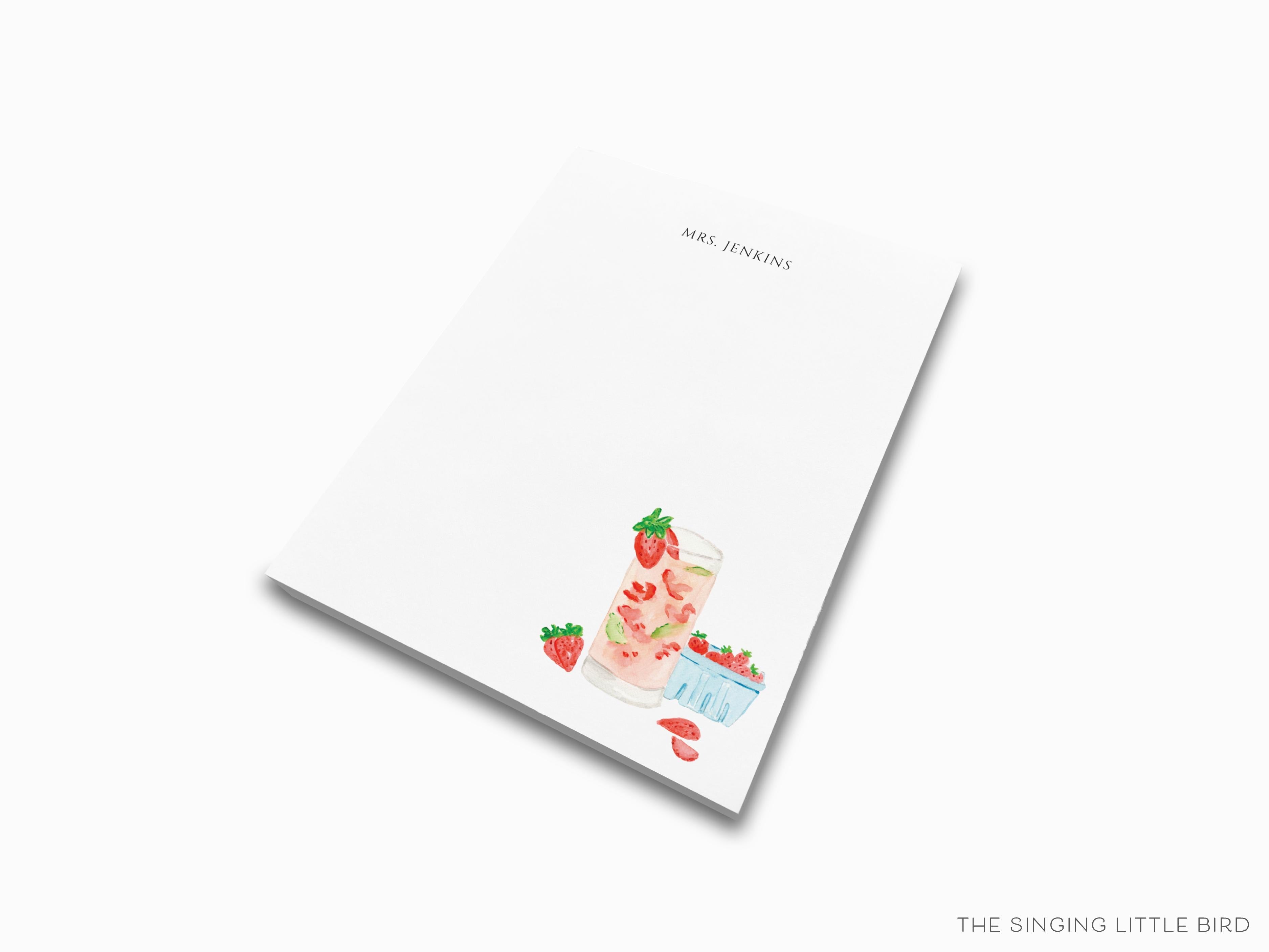 Personalized Strawberry Basil Cocktail Notepad-These personalized notepads feature our hand-painted watercolor strawberries and cocktail, printed in the USA on a beautiful smooth stock. You choose which size you want (or bundled together for a beautiful gift set) and makes a great gift for the checklist and cocktail lover in your life.-The Singing Little Bird