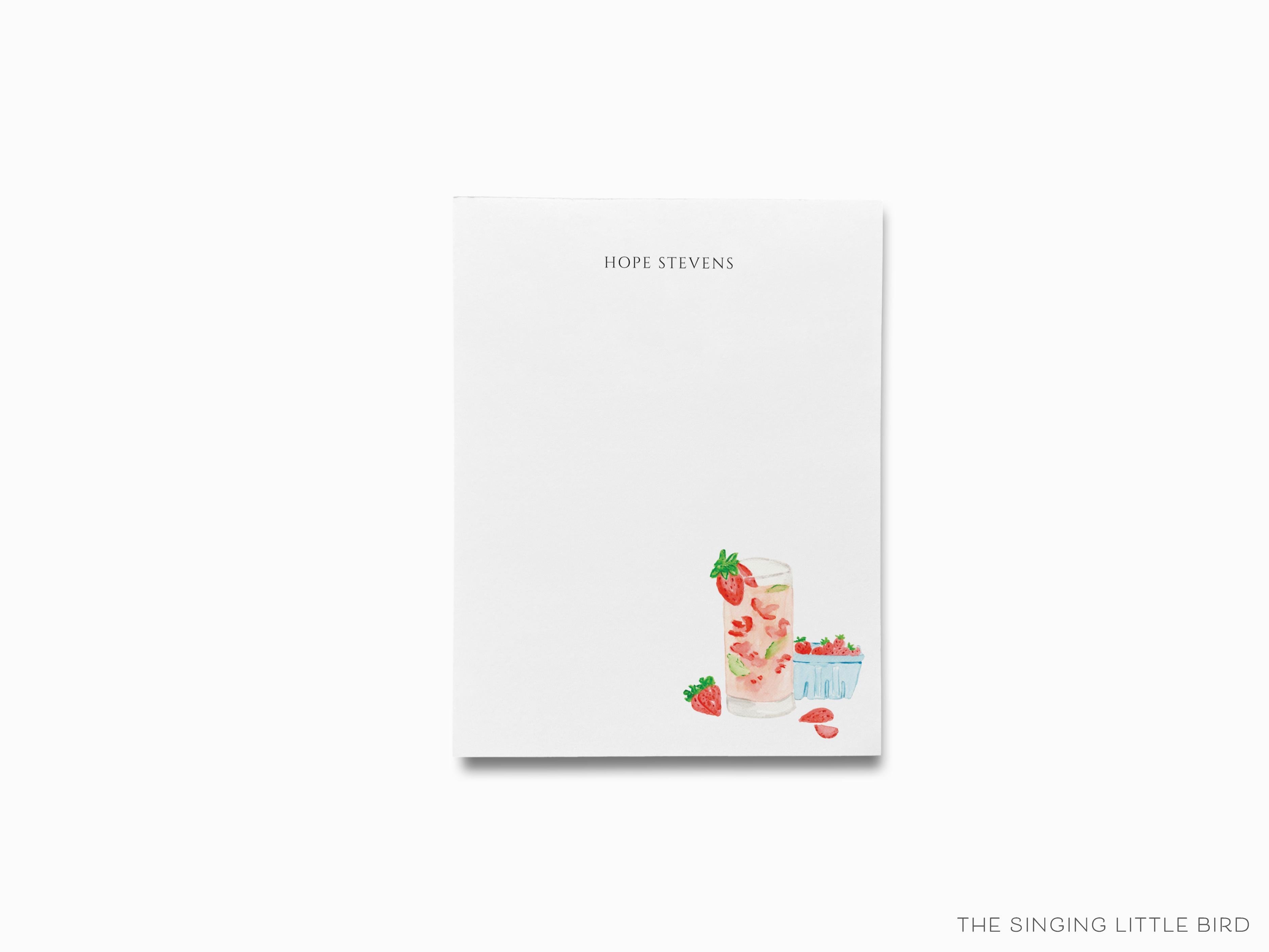 Personalized Strawberry Basil Cocktail Notepad-These personalized notepads feature our hand-painted watercolor strawberries and cocktail, printed in the USA on a beautiful smooth stock. You choose which size you want (or bundled together for a beautiful gift set) and makes a great gift for the checklist and cocktail lover in your life.-The Singing Little Bird