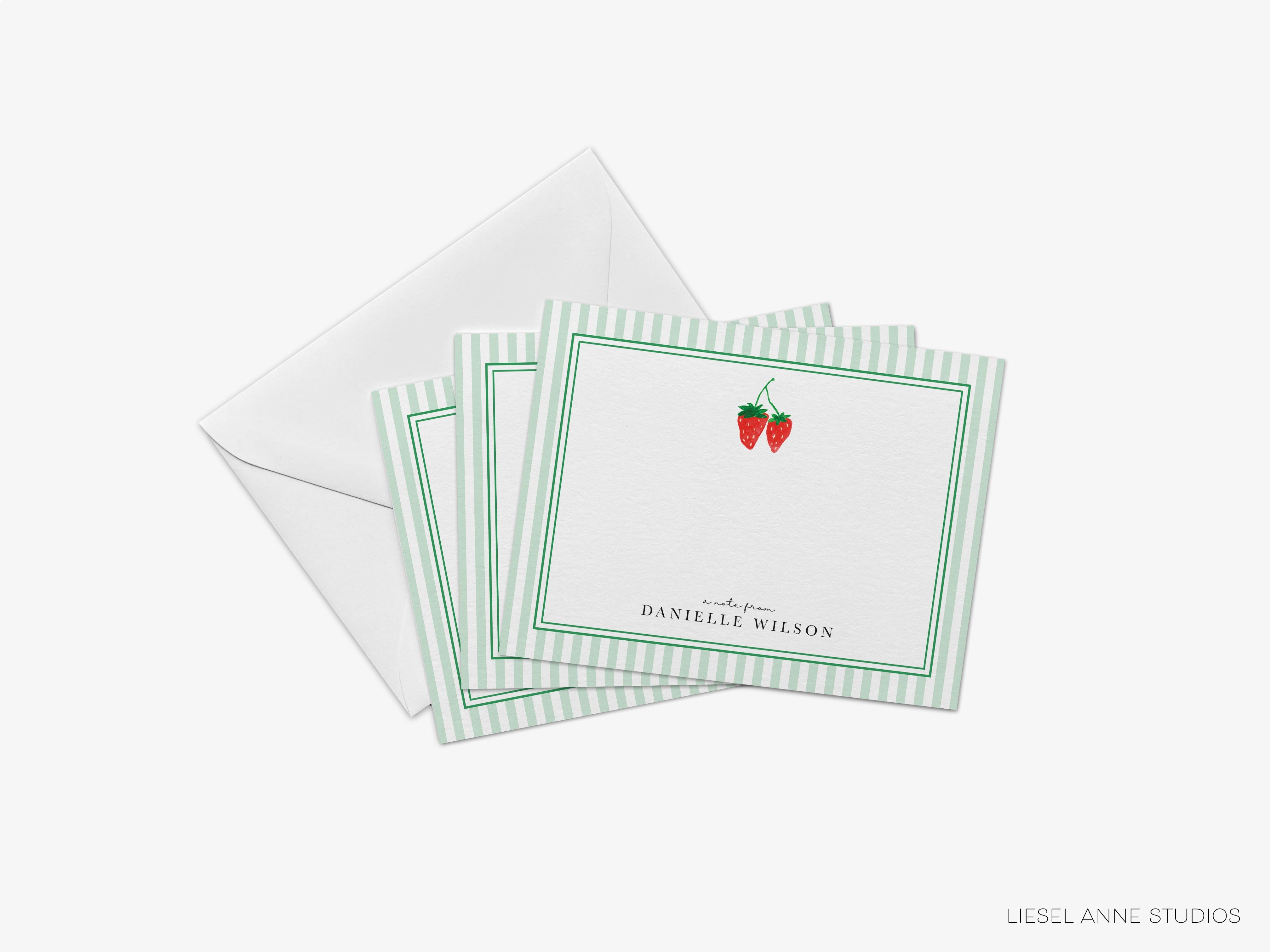 Personalized Strawberry Flat Notes-These personalized flat notecards are 4.25x5.5 and feature our hand-painted watercolor strawberries, printed in the USA on 120lb textured stock. They come with your choice of envelopes and make great thank yous and gifts for the berry lover in your life.-The Singing Little Bird
