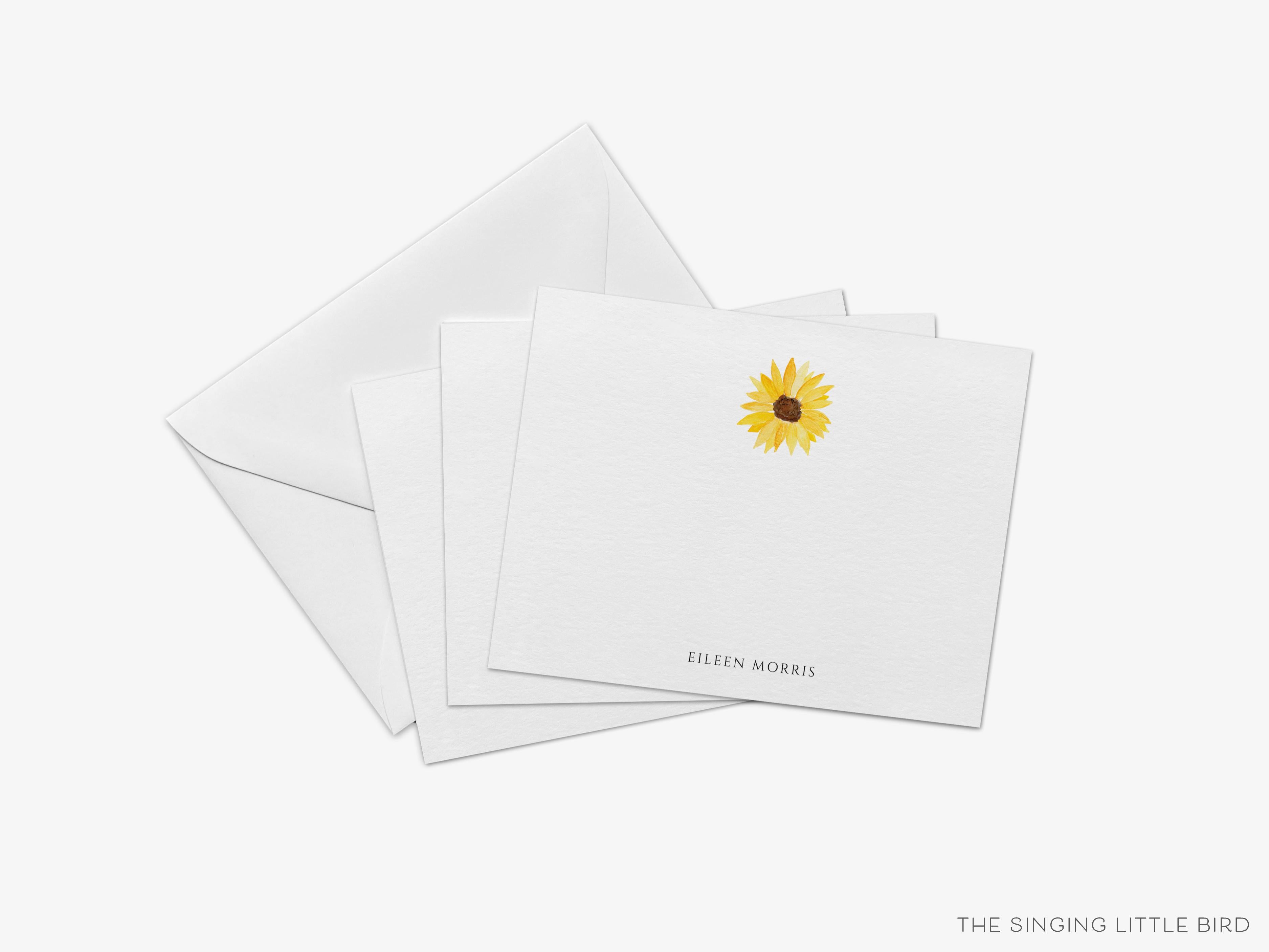 Personalized Sunflower Flat Notes-These personalized flat notecards are 4.25x5.5 and feature our hand-painted watercolor sunflowers, printed in the USA on 120lb textured stock. They come with your choice of envelopes and make great thank yous and gifts for the floral lover in your life.-The Singing Little Bird