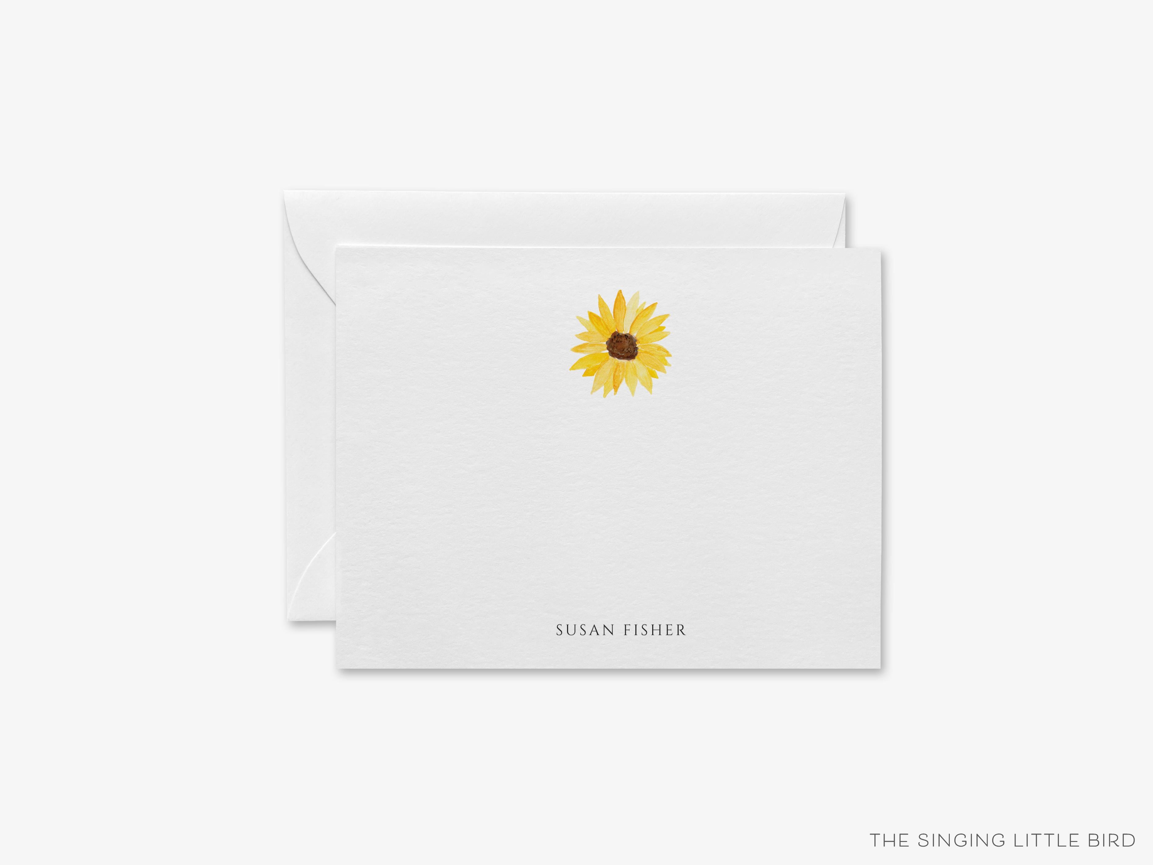 Personalized Sunflower Flat Notes-These personalized flat notecards are 4.25x5.5 and feature our hand-painted watercolor sunflowers, printed in the USA on 120lb textured stock. They come with your choice of envelopes and make great thank yous and gifts for the floral lover in your life.-The Singing Little Bird