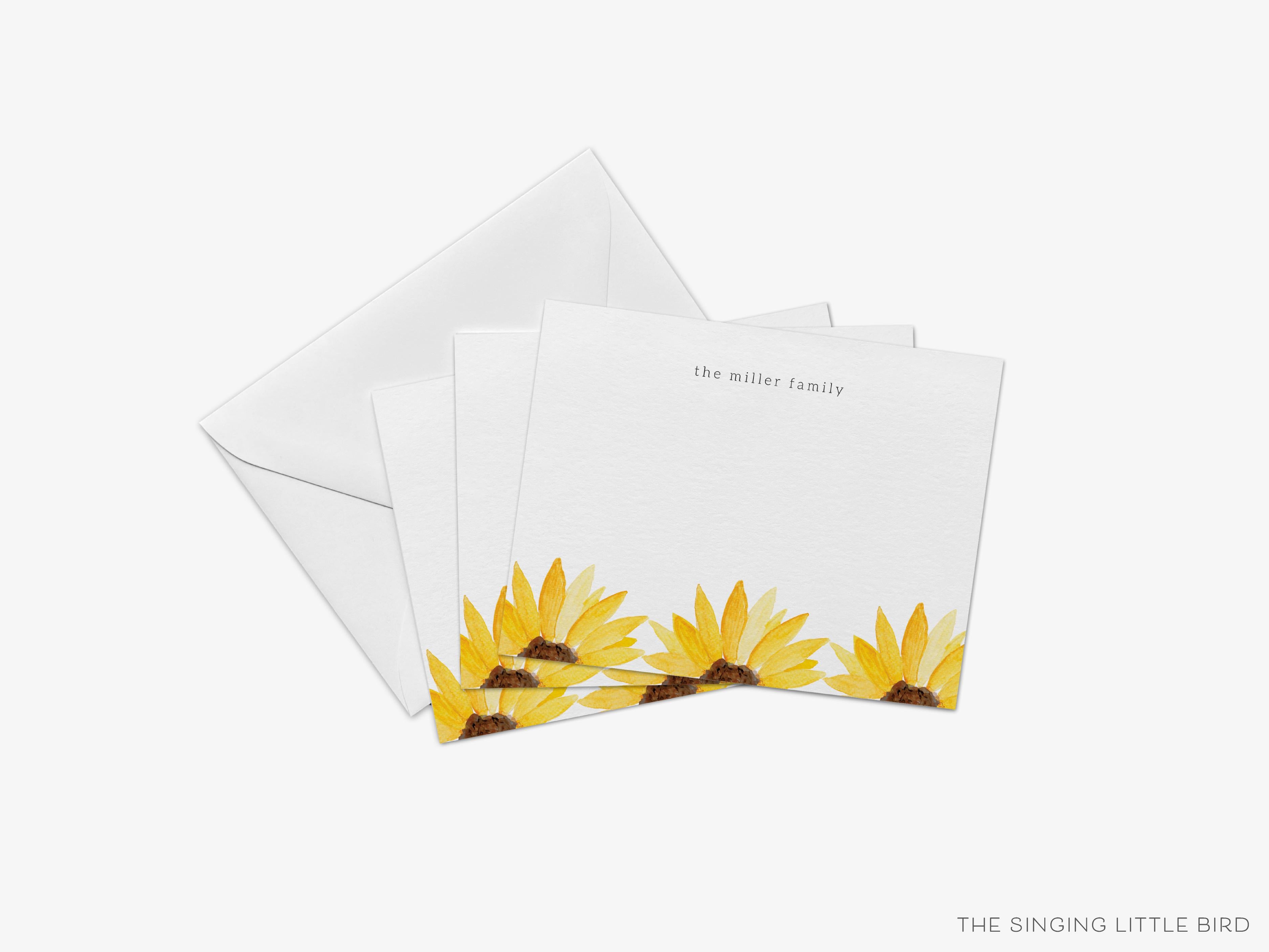 Personalized Sunflower Trio Flat Notes-These personalized flat notecards are 4.25x5.5 and feature our hand-painted watercolor sunflowers, printed in the USA on 120lb textured stock. They come with your choice of envelopes and make great thank yous and gifts for the floral lover in your life.-The Singing Little Bird