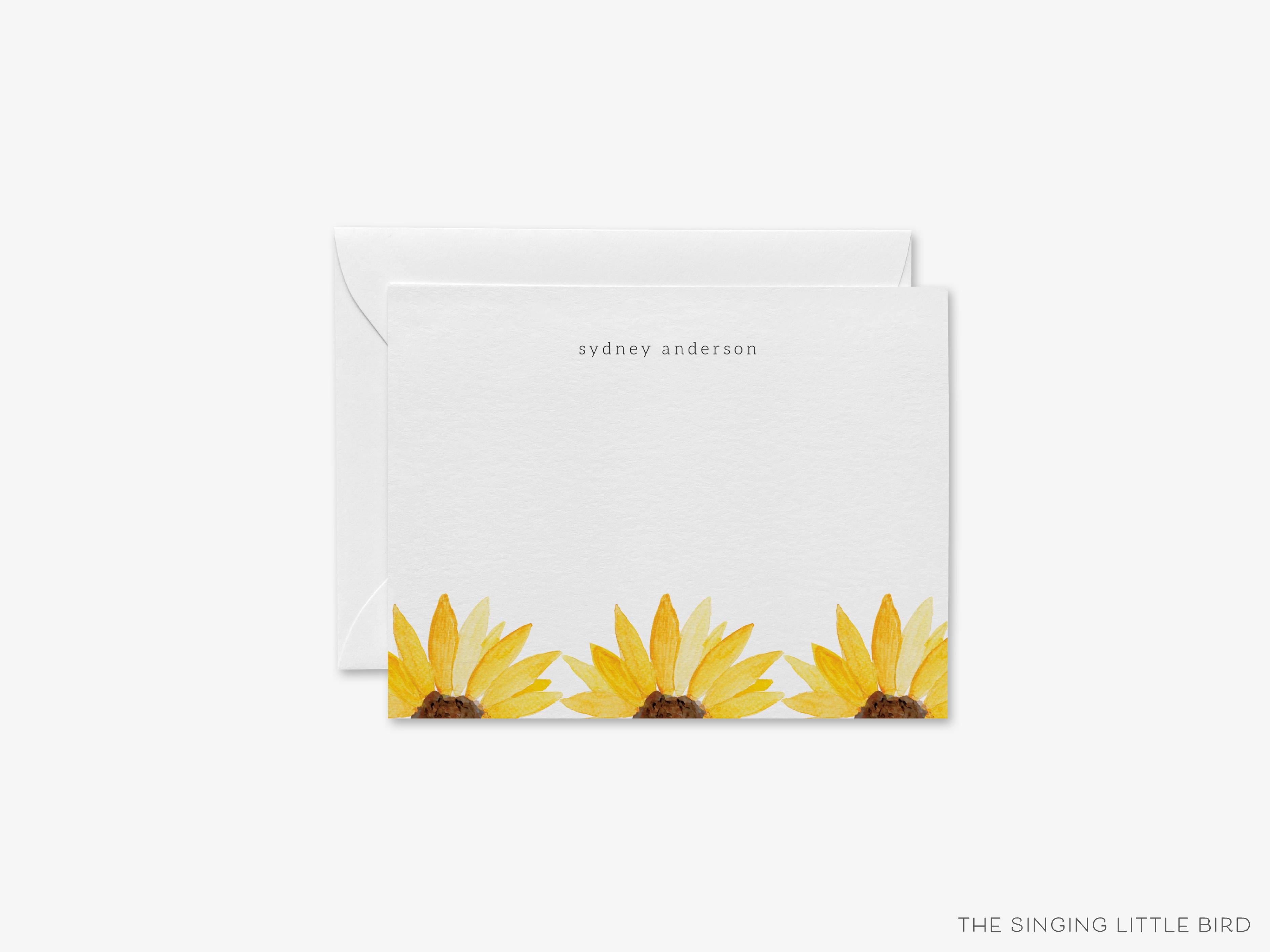 Personalized Sunflower Trio Flat Notes-These personalized flat notecards are 4.25x5.5 and feature our hand-painted watercolor sunflowers, printed in the USA on 120lb textured stock. They come with your choice of envelopes and make great thank yous and gifts for the floral lover in your life.-The Singing Little Bird