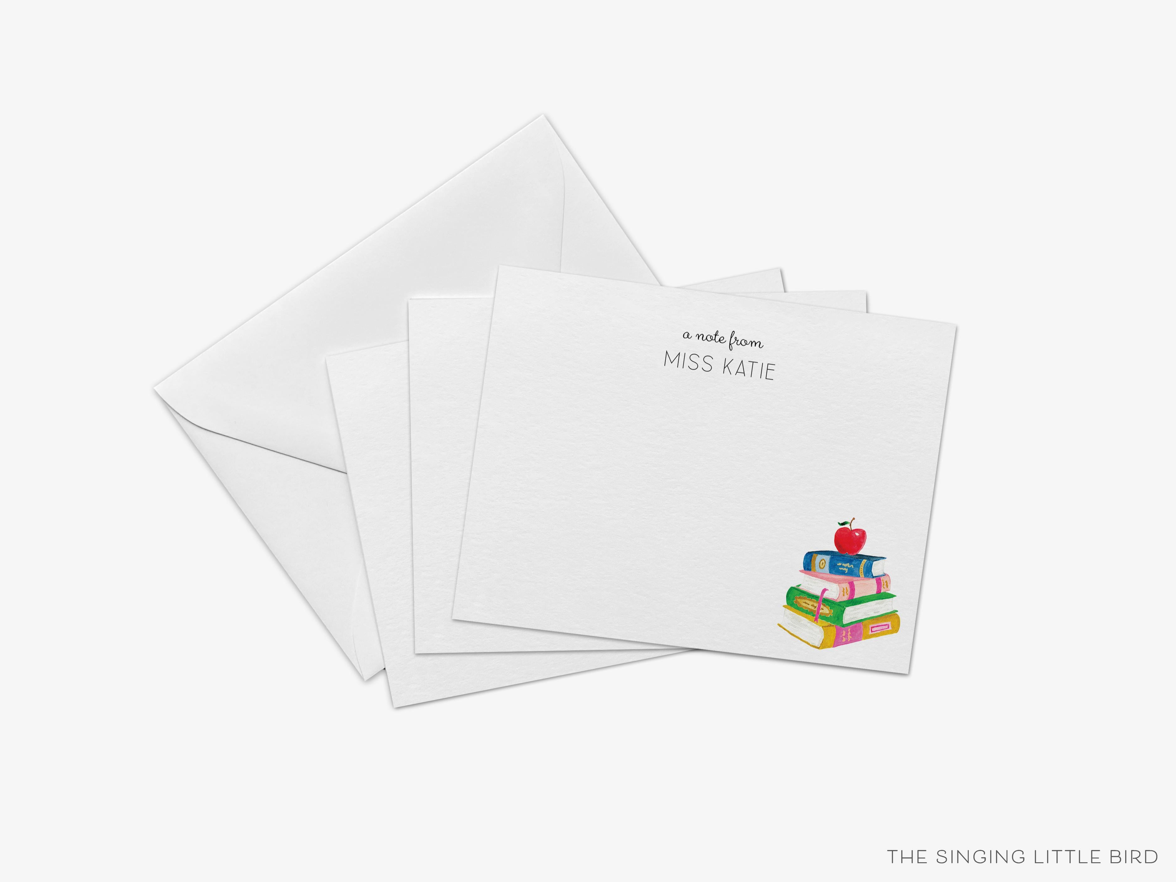 Personalized Teacher Flat Notes-These personalized flat notecards are 4.25x5.5 and feature our hand-painted watercolor books, printed in the USA on 120lb textured stock. They come with your choice of envelopes and make great thank yous and gifts for the educator lover in your life.-The Singing Little Bird