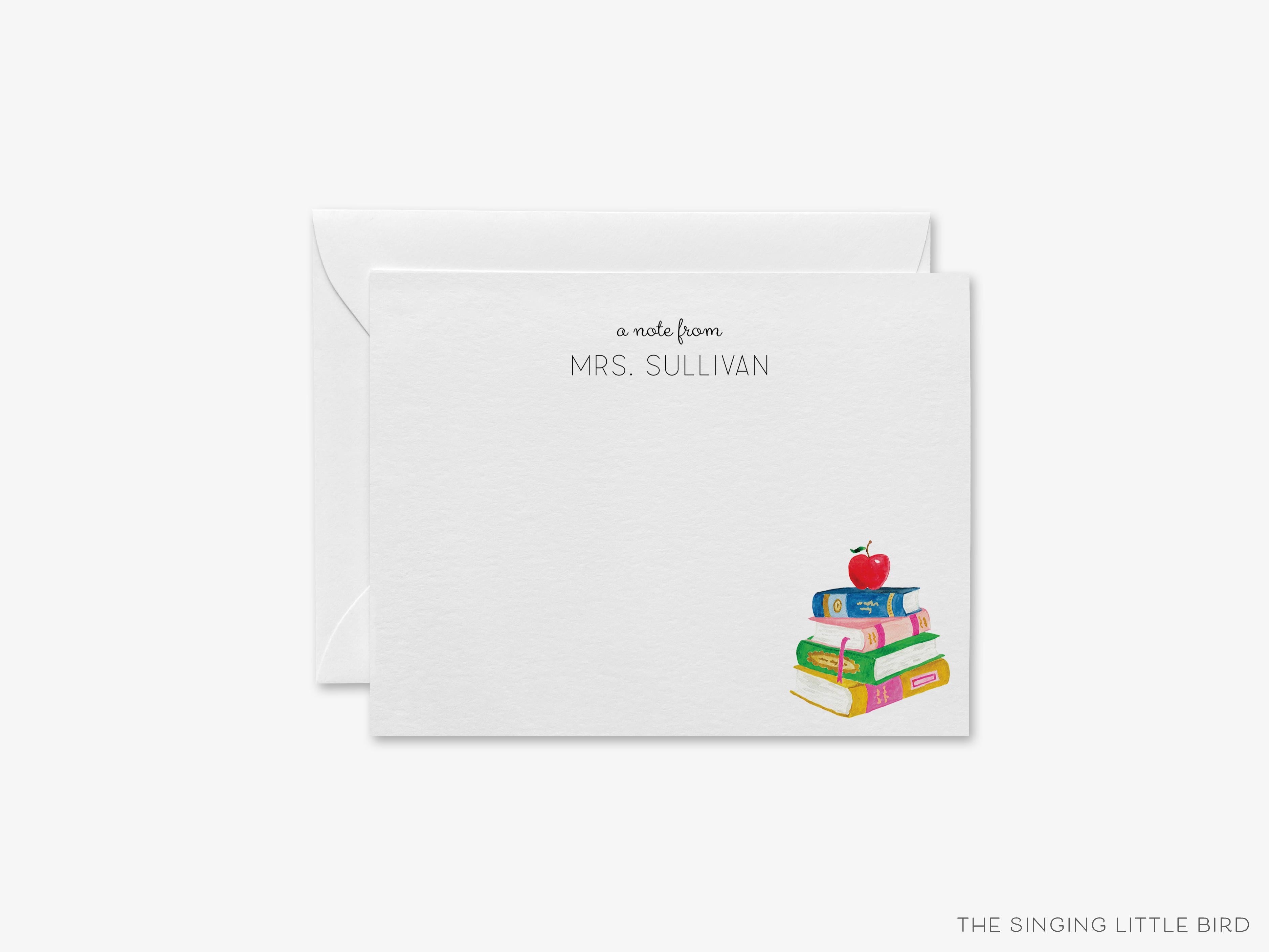 Personalized Teacher Flat Notes-These personalized flat notecards are 4.25x5.5 and feature our hand-painted watercolor books, printed in the USA on 120lb textured stock. They come with your choice of envelopes and make great thank yous and gifts for the educator lover in your life.-The Singing Little Bird