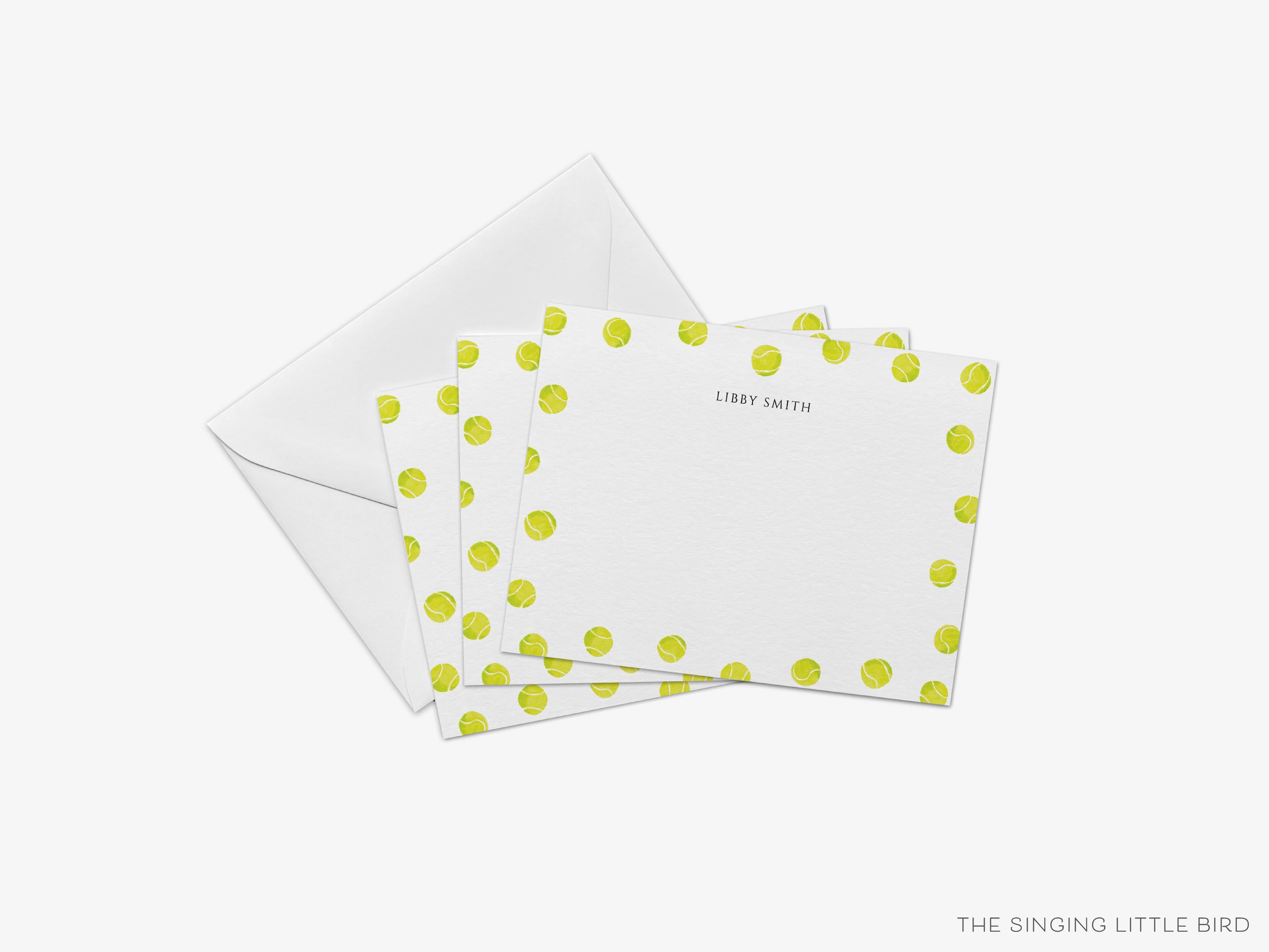 Personalized Tennis Ball Flat Notes-These personalized flat notecards are 4.25x5.5 and feature our hand-painted watercolor tennis balls, printed in the USA on 120lb textured stock. They come with your choice of envelopes and make great thank yous and gifts for the tennis lover in your life.-The Singing Little Bird