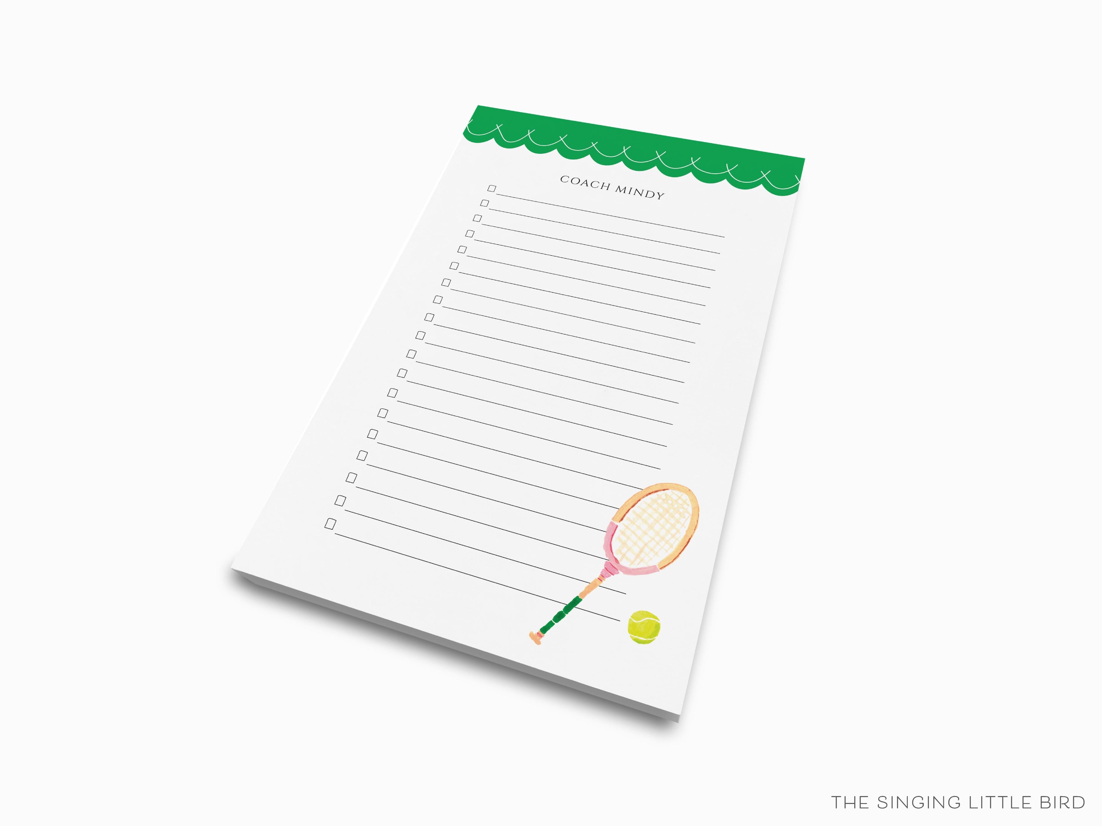 Personalized Tennis Notepad-These personalized notepads feature our hand-painted watercolor tennis racket, printed in the USA on a beautiful smooth stock. You choose which size you want (or bundled together for a beautiful gift set) and makes a great gift for the checklist and athletic lover in your life.-The Singing Little Bird