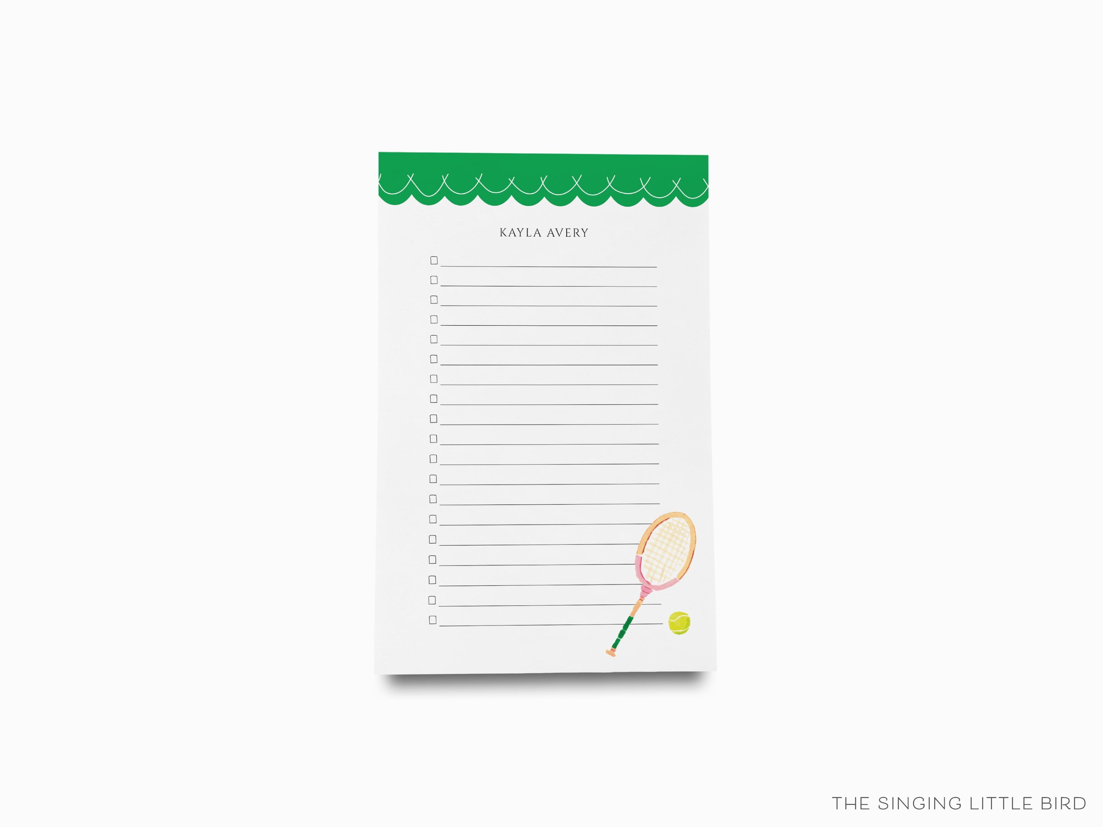 Personalized Tennis Notepad-These personalized notepads feature our hand-painted watercolor tennis racket, printed in the USA on a beautiful smooth stock. You choose which size you want (or bundled together for a beautiful gift set) and makes a great gift for the checklist and athletic lover in your life.-The Singing Little Bird