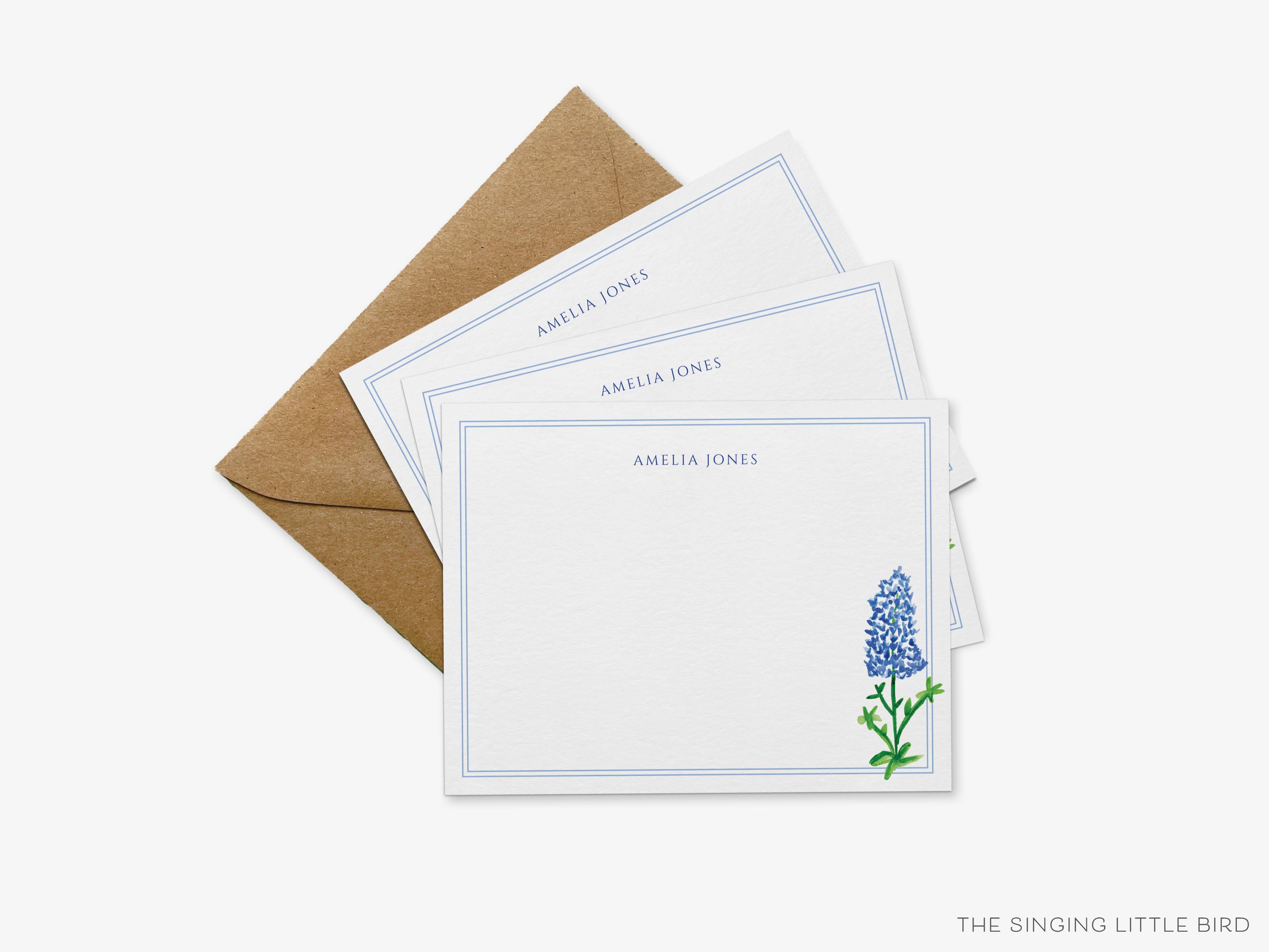 Personalized Texas Bluebonnet Flat Notes-These personalized flat notecards are 4.25x5.5 and feature our hand-painted watercolor bluebonnets, printed in the USA on 120lb textured stock. They come with your choice of envelopes and make great thank yous and gifts for the flower lover in your life.-The Singing Little Bird