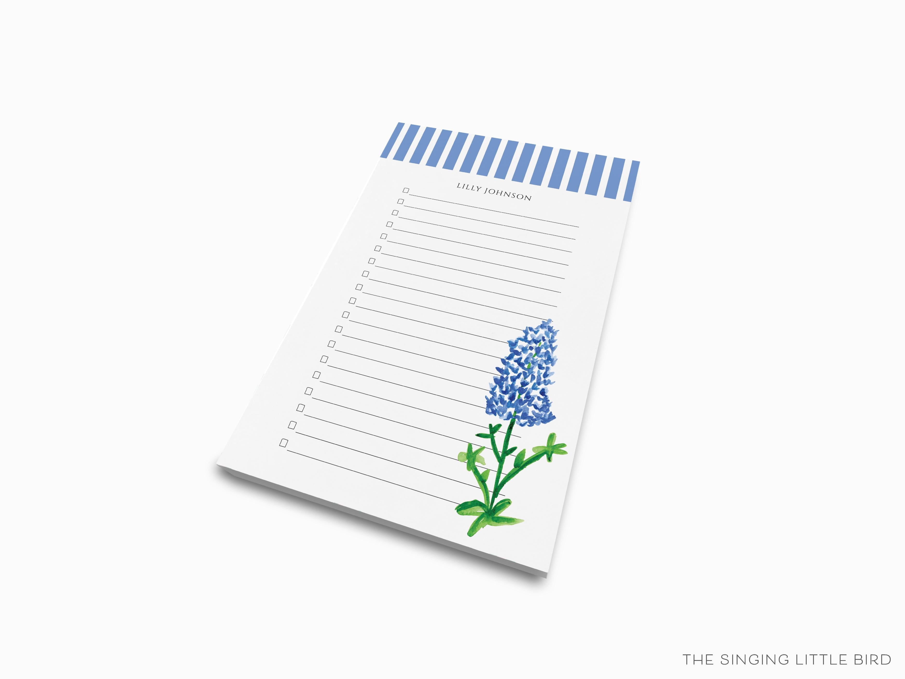 Personalized Texas Bluebonnet Notepad-These personalized notepads feature our hand-painted watercolor Texas bluebonnet, printed in the USA on a beautiful smooth stock. You choose which size you want (or bundled together for a beautiful gift set) and makes a great gift for the checklist and flower lover in your life.-The Singing Little Bird