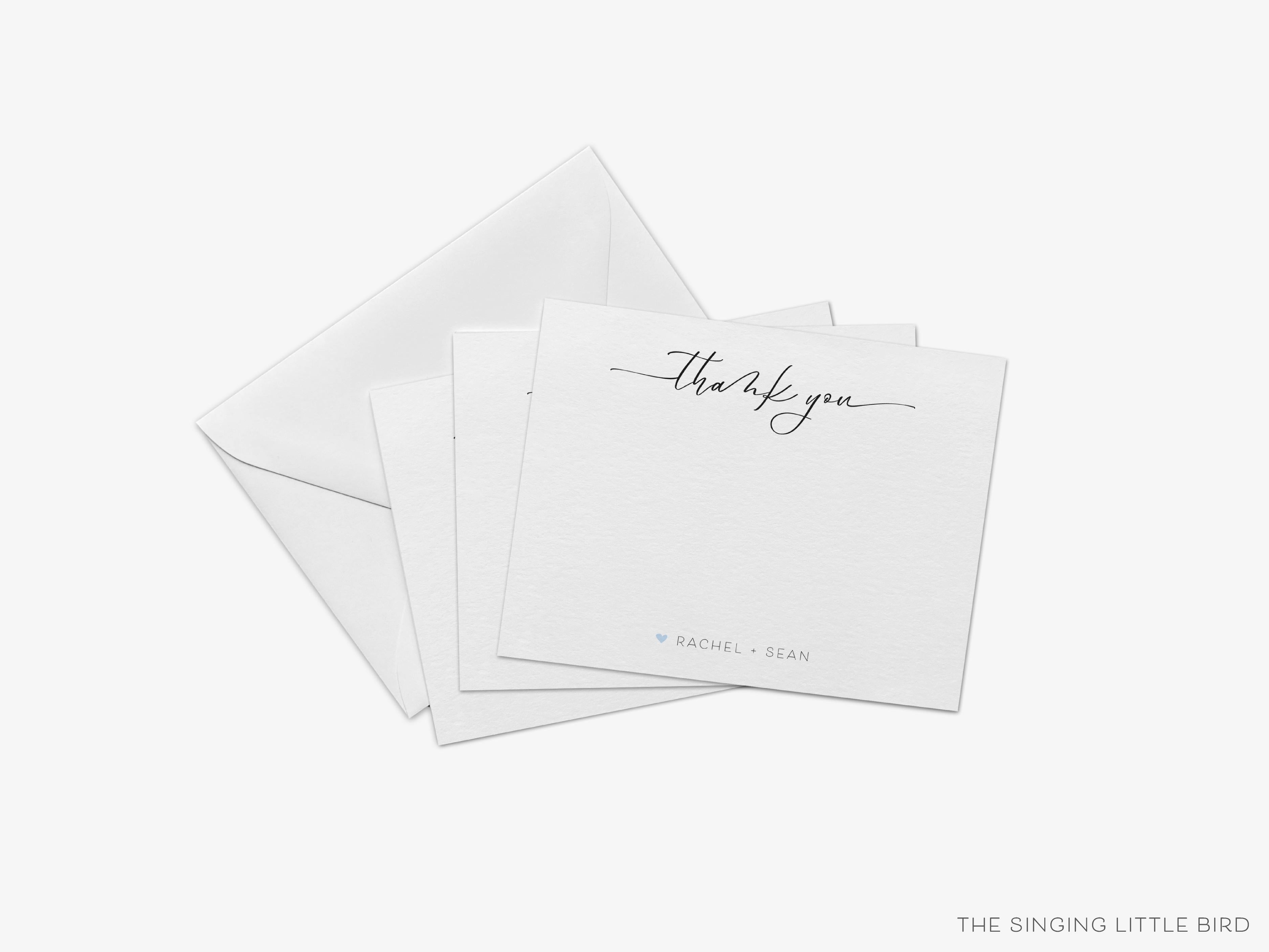 Personalized Thank You Heart Script Flat Notes-These personalized flat notecards are 4.25x5.5 and feature our hand-painted watercolor heart, printed in the USA on 120lb textured stock. They come with your choice of envelopes and make great thank yous and gifts for the modern lover in your life.-The Singing Little Bird