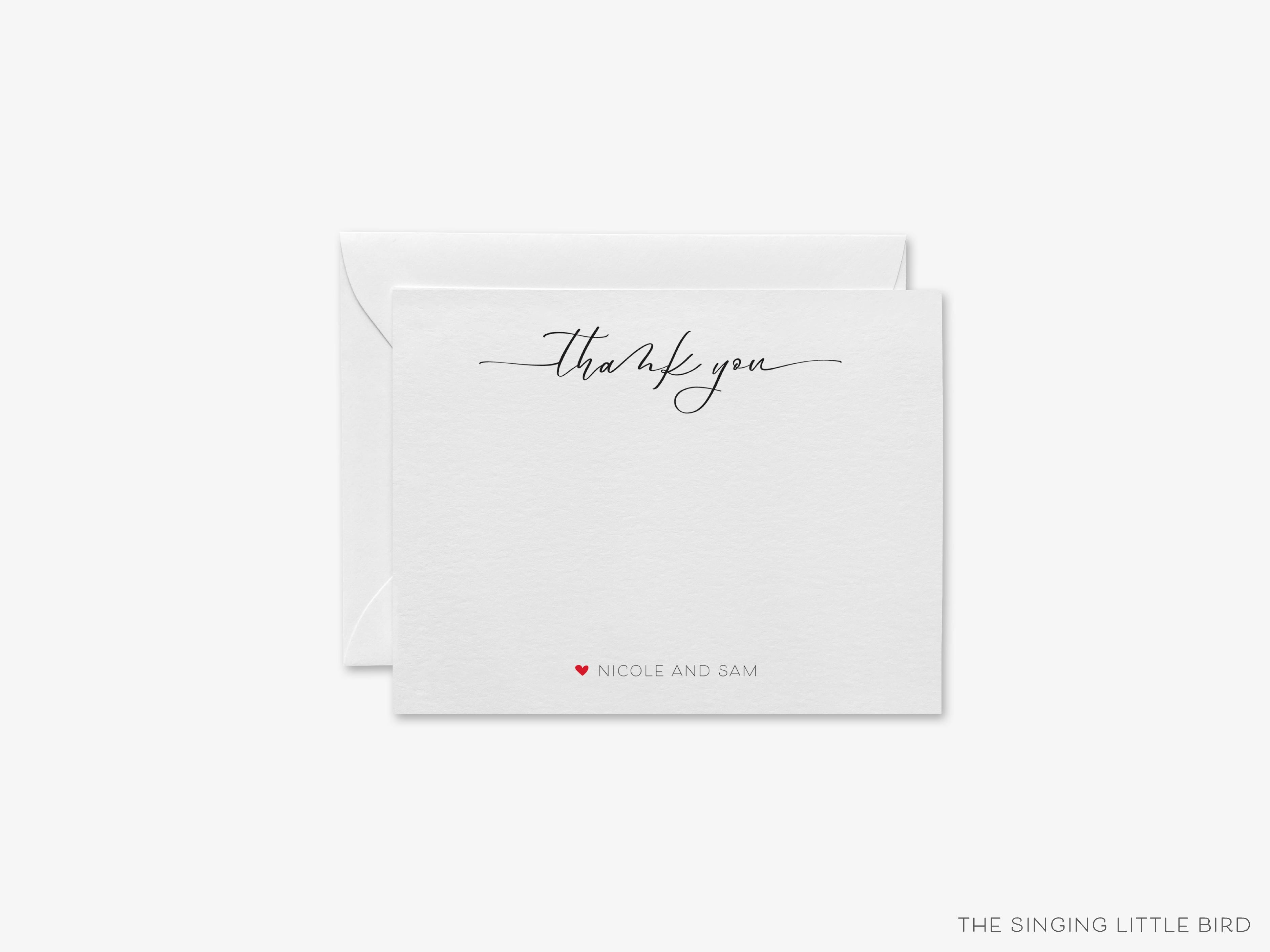 Personalized Thank You Heart Script Flat Notes-These personalized flat notecards are 4.25x5.5 and feature our hand-painted watercolor heart, printed in the USA on 120lb textured stock. They come with your choice of envelopes and make great thank yous and gifts for the modern lover in your life.-The Singing Little Bird