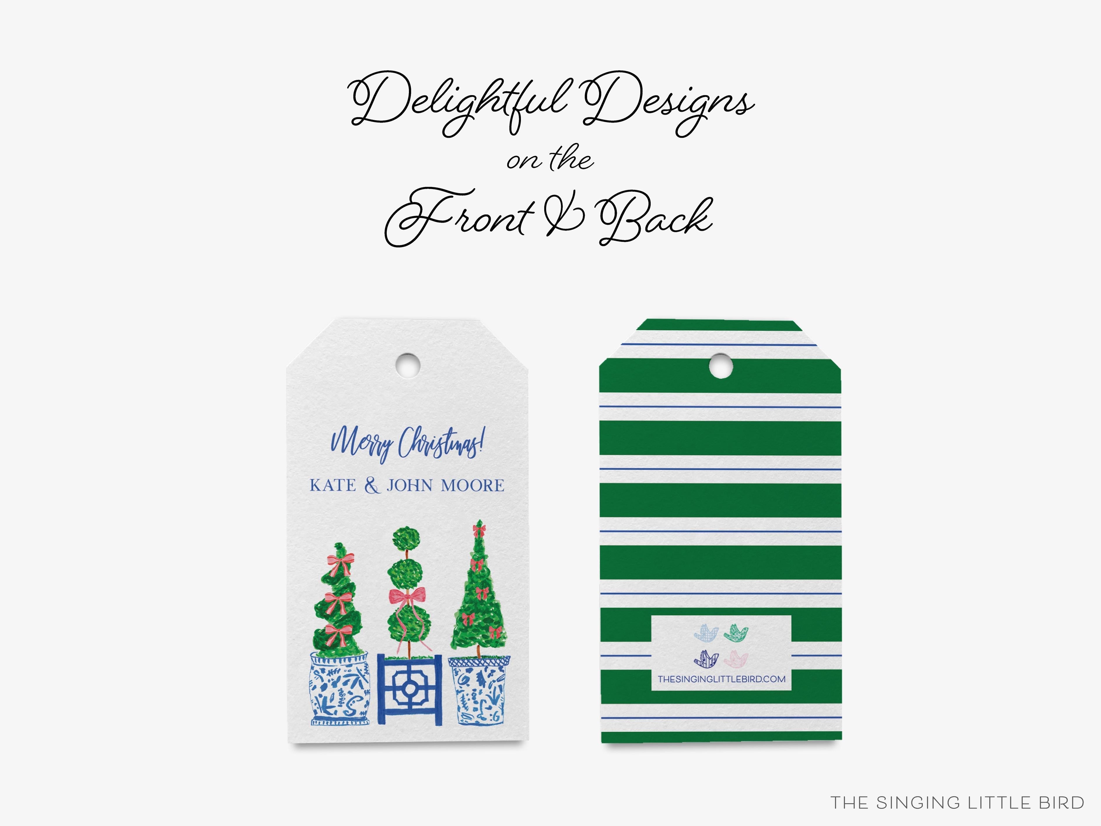 Personalized Topiary Trio Christmas Gift Tags-These gift tags come in sets, hole-punched with white twine and feature our hand-painted watercolor Christmas Topiaries and ginger jars, printed in the USA on 120lb textured stock. They make great tags for gifting or gifts for the holiday lover in your life.-The Singing Little Bird