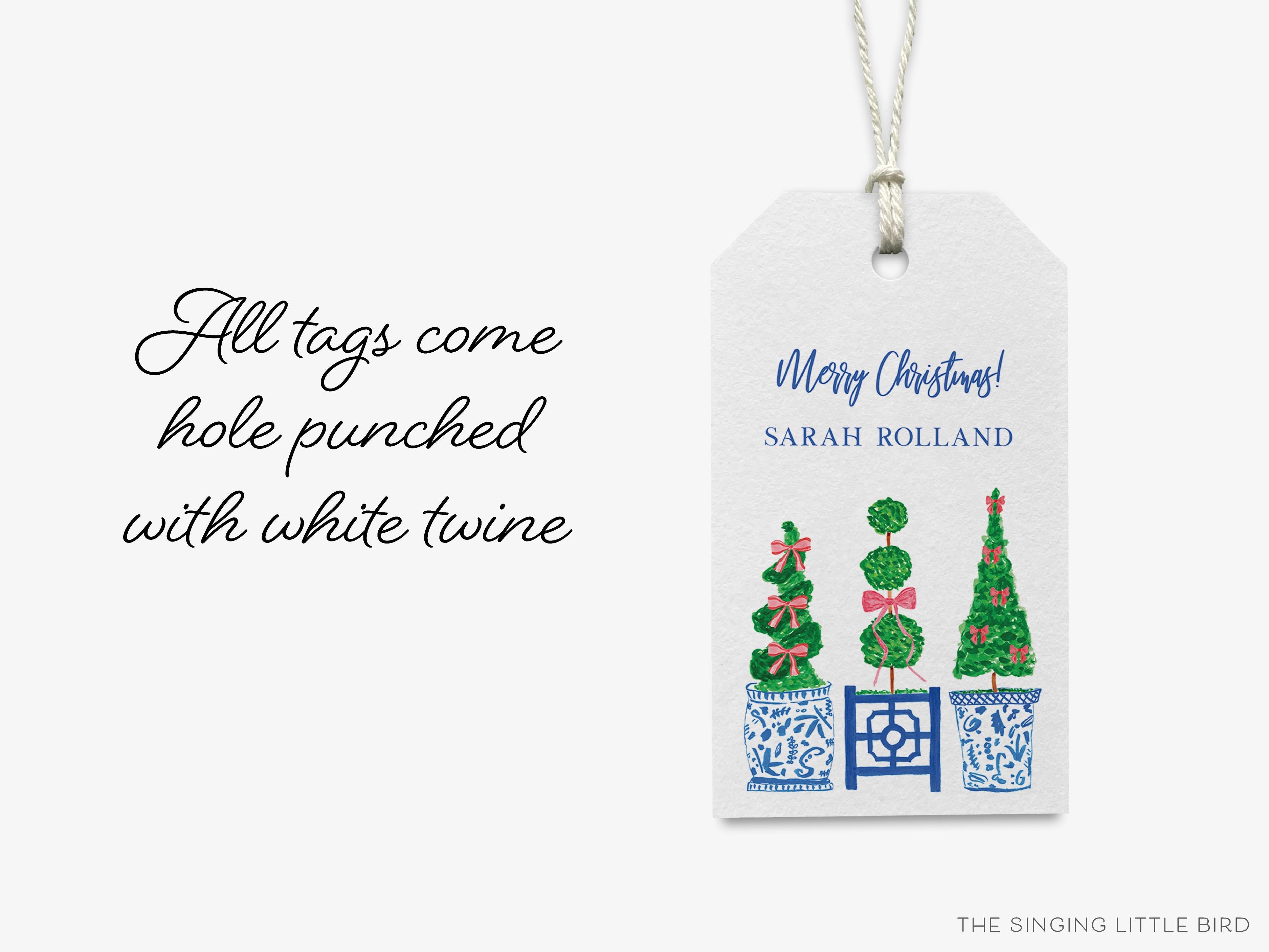 Personalized Topiary Trio Christmas Gift Tags-These gift tags come in sets, hole-punched with white twine and feature our hand-painted watercolor Christmas Topiaries and ginger jars, printed in the USA on 120lb textured stock. They make great tags for gifting or gifts for the holiday lover in your life.-The Singing Little Bird