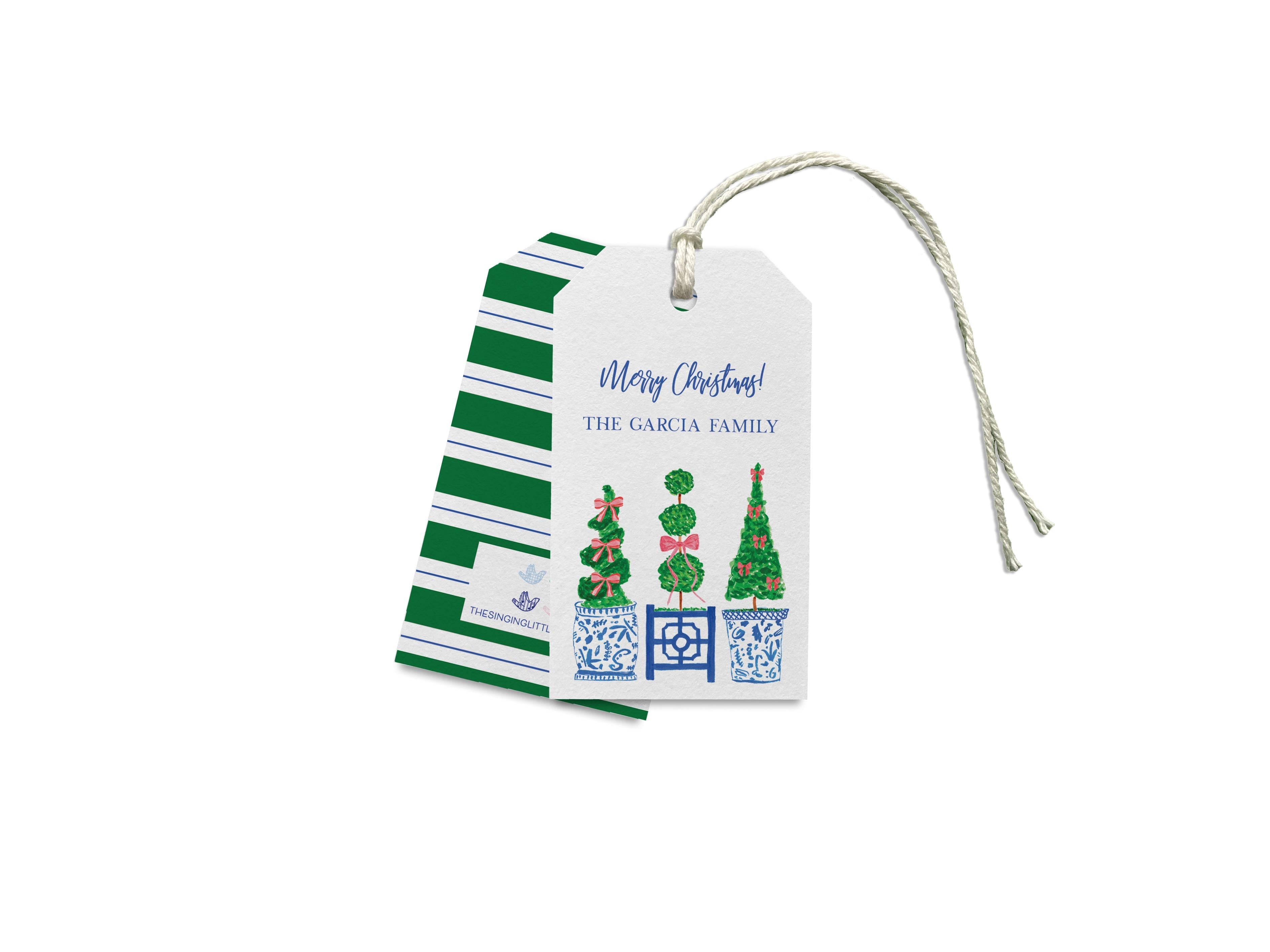 Personalized Topiary Trio Christmas Gift Tags-These gift tags come in sets, hole-punched with white twine and feature our hand-painted watercolor Christmas Topiaries and ginger jars, printed in the USA on 120lb textured stock. They make great tags for gifting or gifts for the holiday lover in your life.-The Singing Little Bird