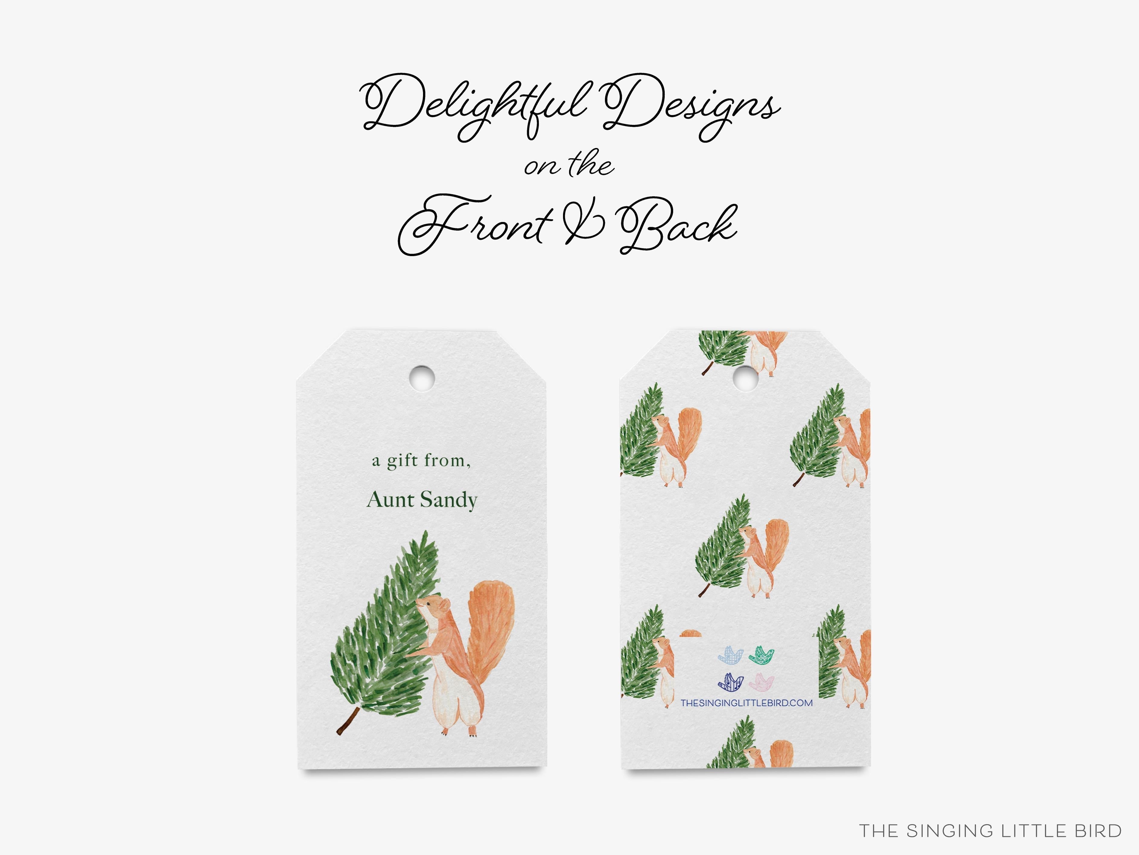 Personalized Tree Squirrel Christmas Gift Tags-These gift tags come in sets, hole-punched with white twine and feature our hand-painted watercolor evergreen tree and squirrel, printed in the USA on 120lb textured stock. They make great tags for gifting or gifts for the holiday lover in your life.-The Singing Little Bird